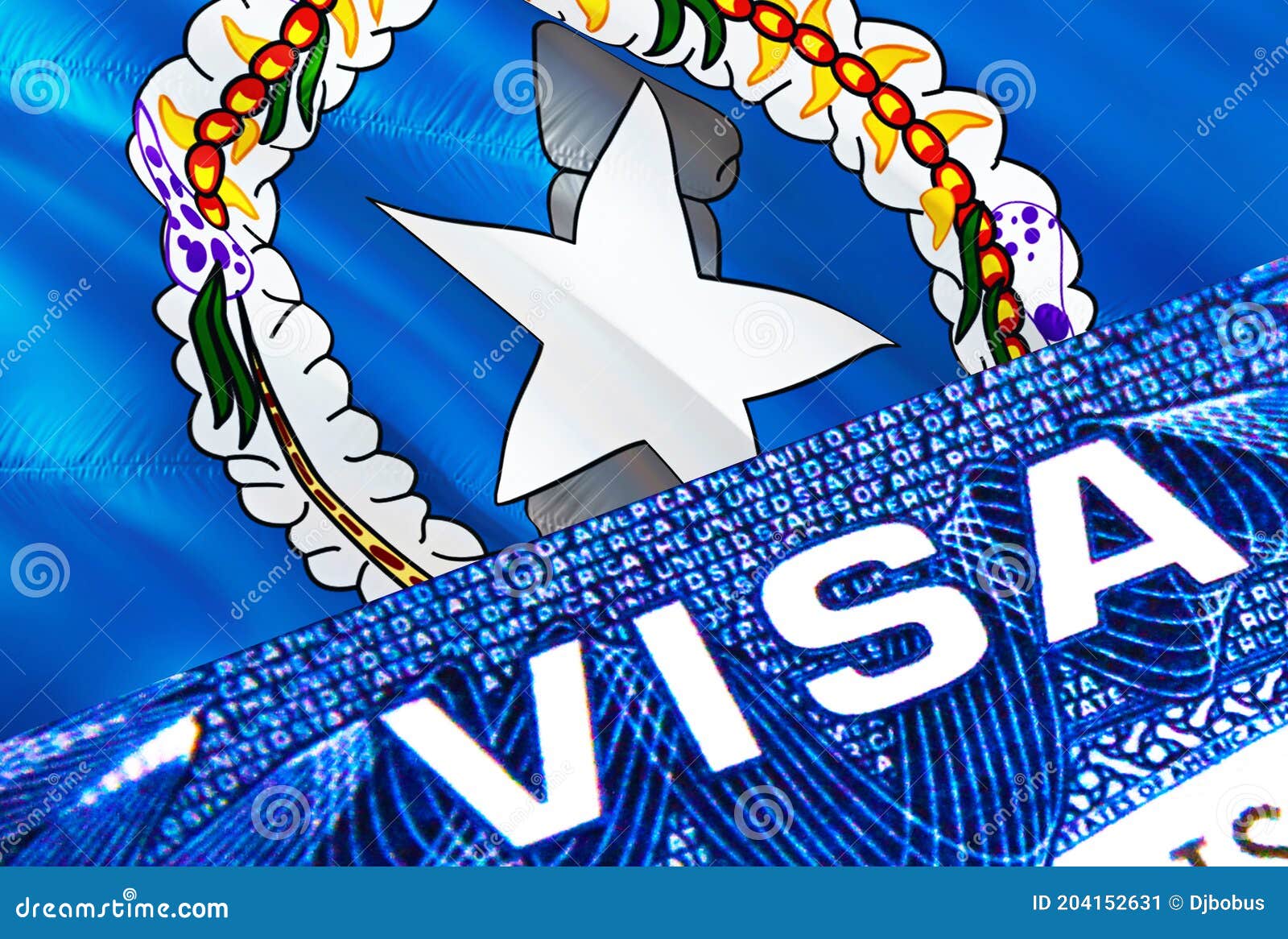 Northern Mariana Islands Visa Document Close Up. Passport Visa on Northern Mariana Islands Flag