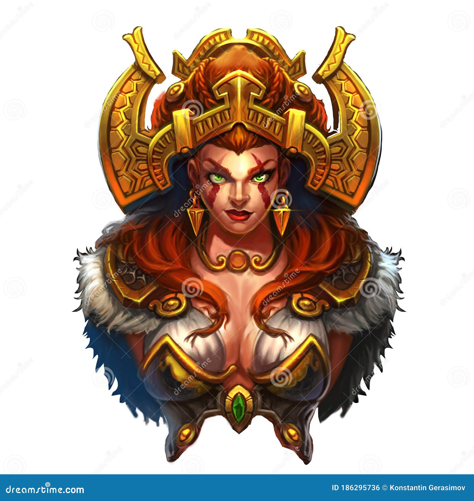 Northern Princess girl Viking Sex Logo. Viking barbarian girl in gold jewelry illustration isolate.