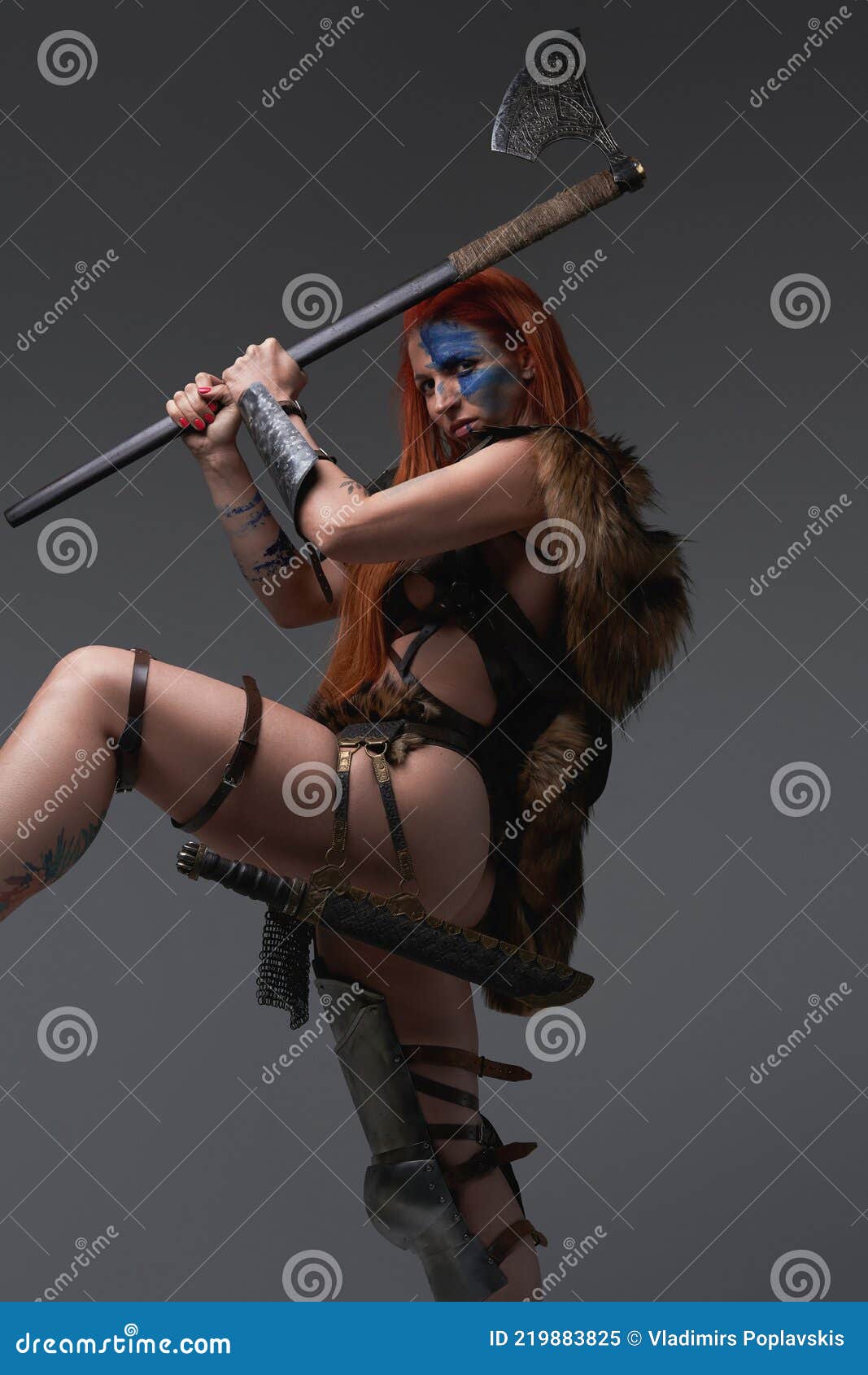 Barbaric Woman Viking Holding an Axe Above Her Head Stock Image - Image of  deer, body: 219883825