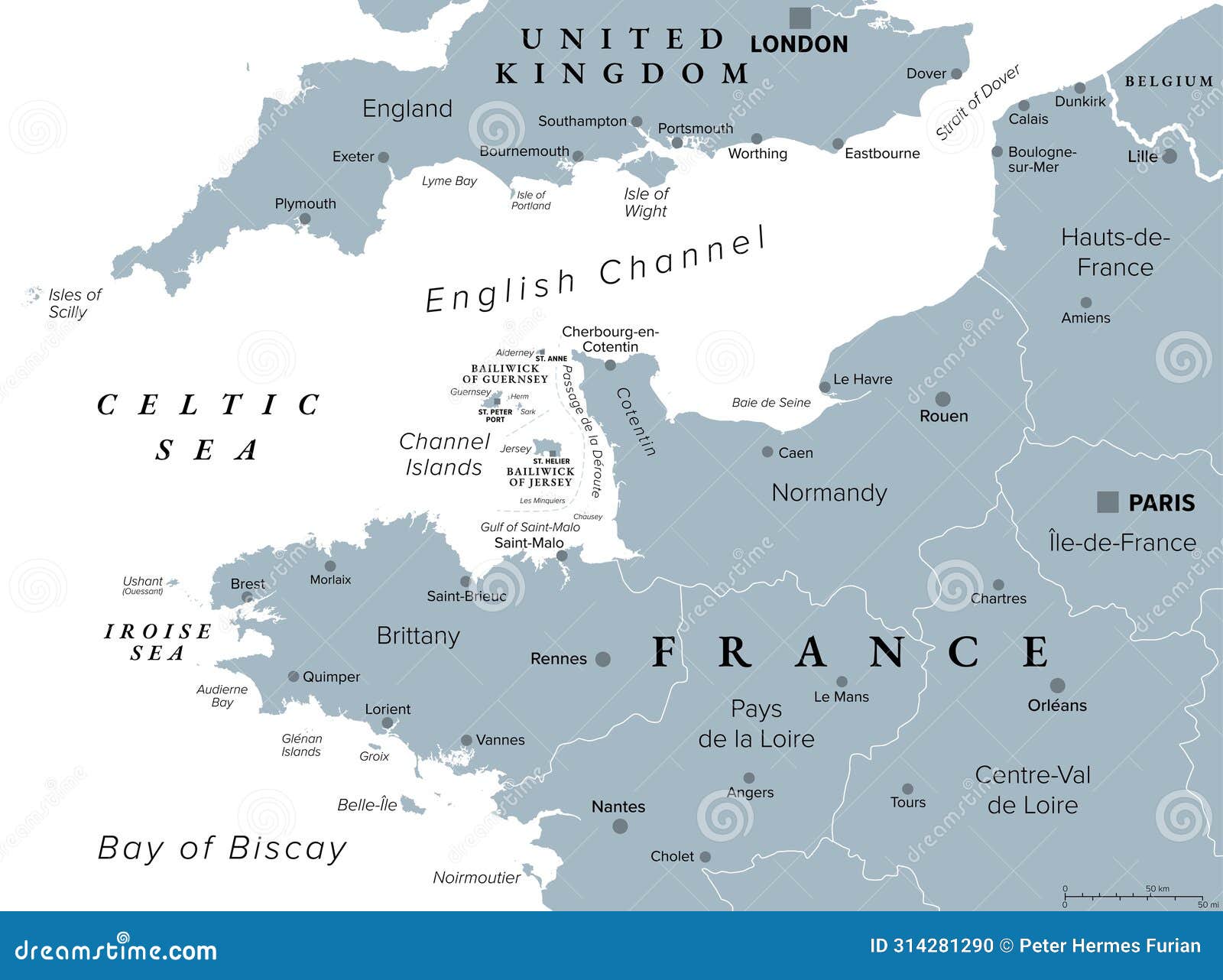 northern france coast along english channel and bay of biscay, gray map