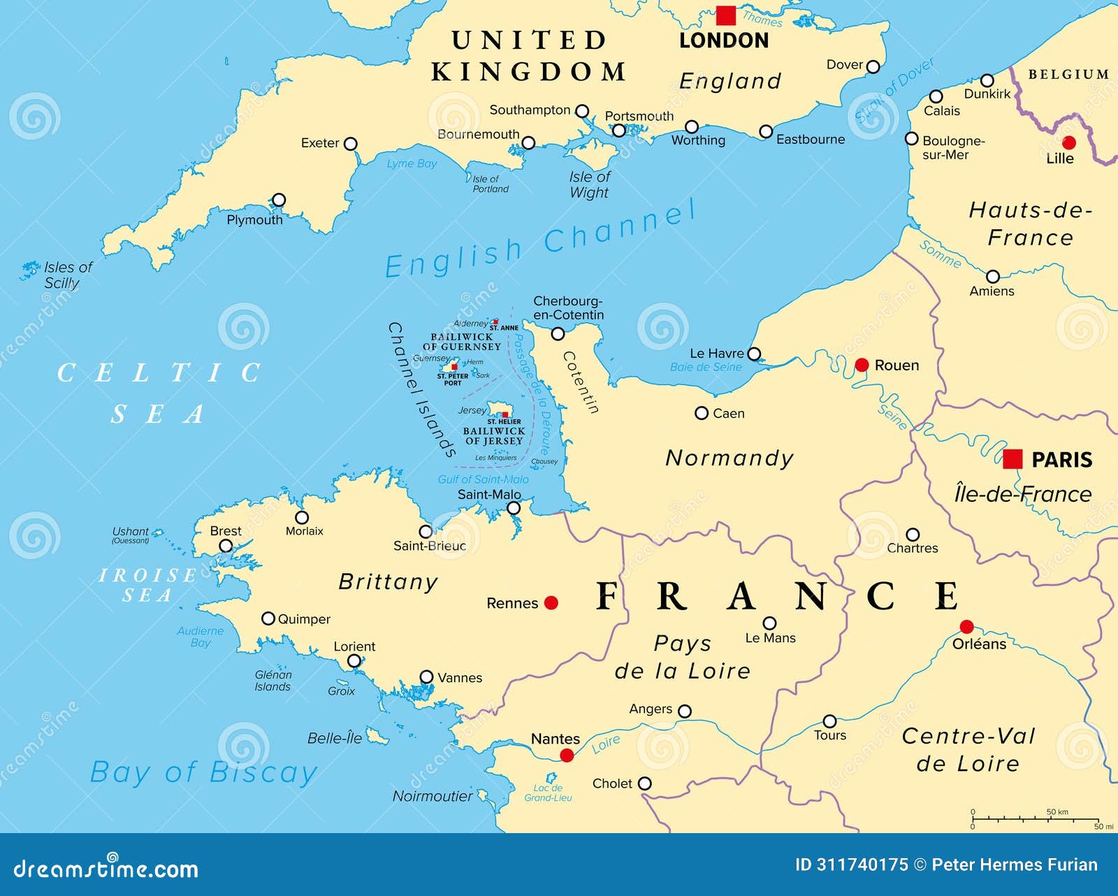 northern france coast along english channel and bay of biscay, political map