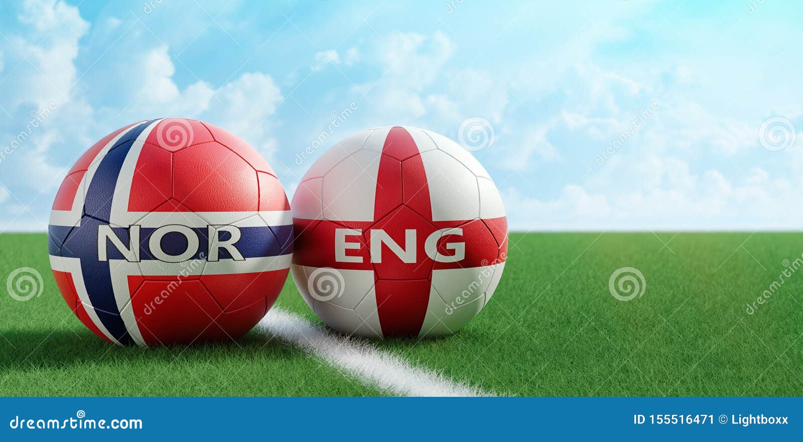 norway vs. england soccer match - soccer balls in norways and englands national colors on a soccer field.