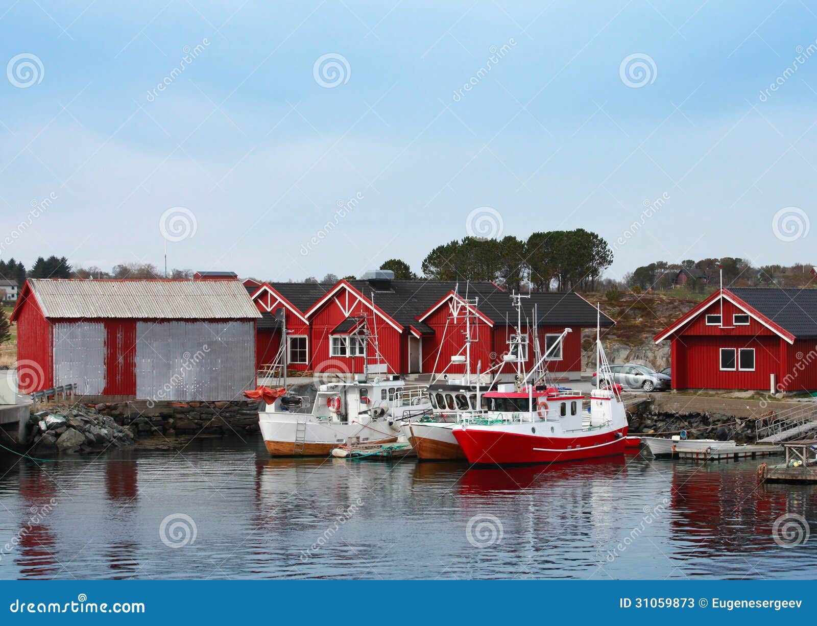 Norwegian Fishing Village With Red Wooden Houses Stock ...