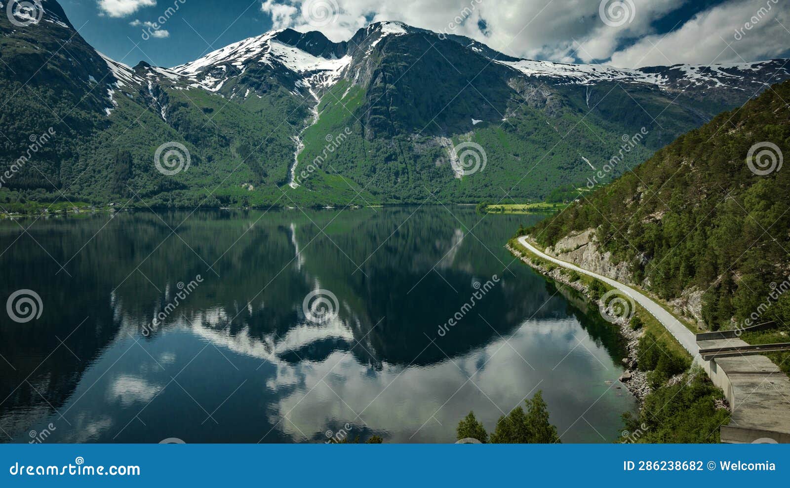 Norwegian Lake Reflection and the Lakefront Road Stock Photo Image of
