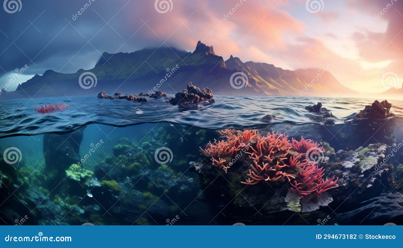 norwegian nature: seashorescape with colorful coral reefs and mountains