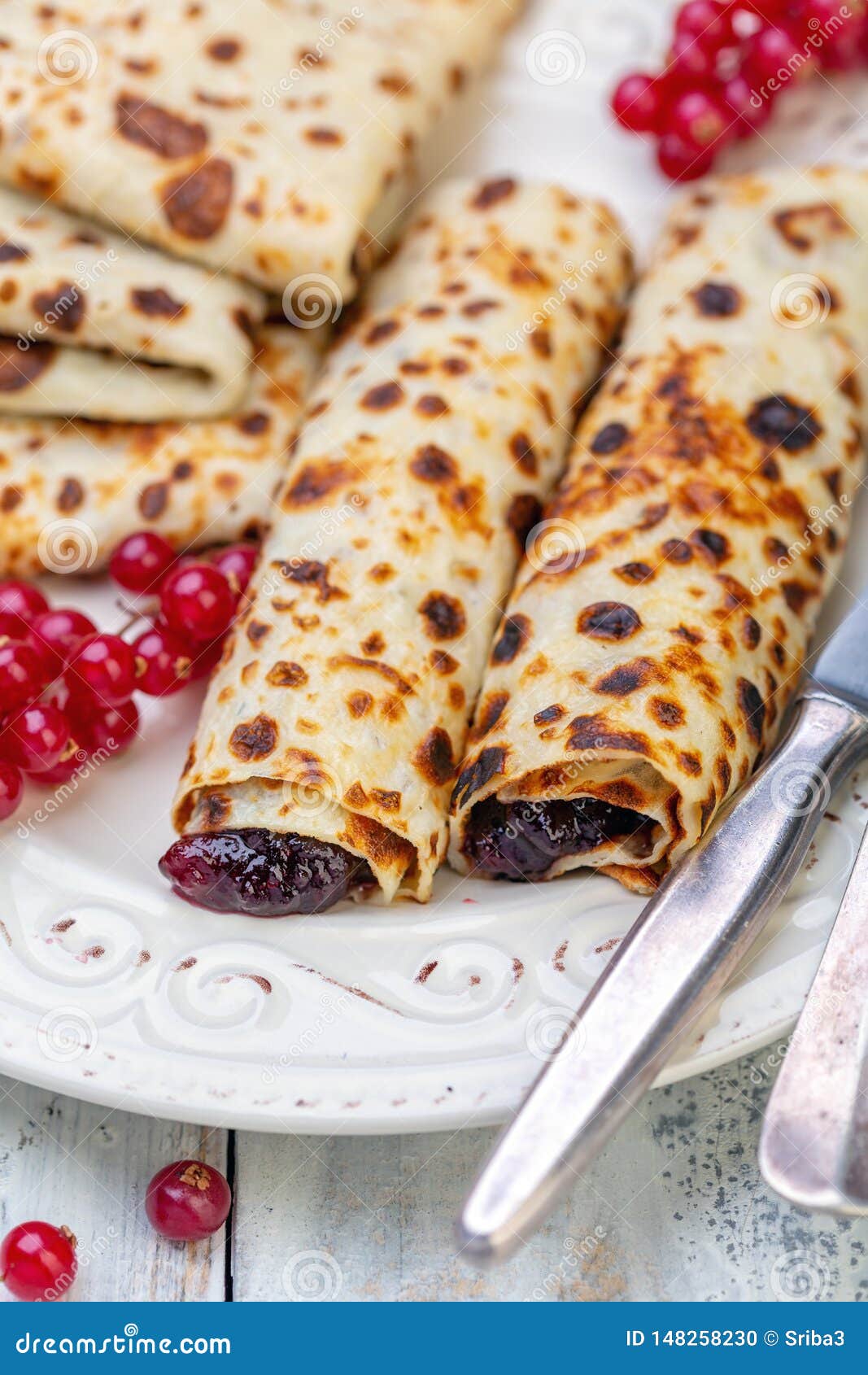 Norwegian Pancakes Stuffed with Berry Jam Stock Photo - Image of ...