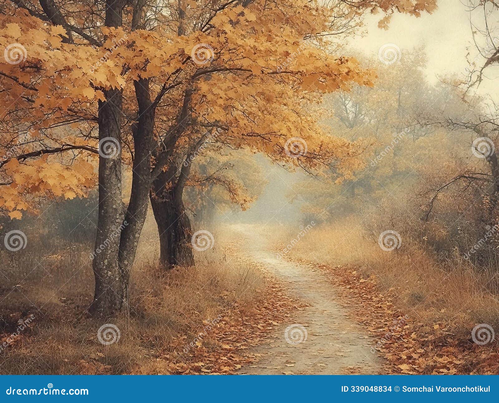 a vintage-style autumn background featuring old trees with yellowed leaves and a pathway covered in orange and brown foliage.