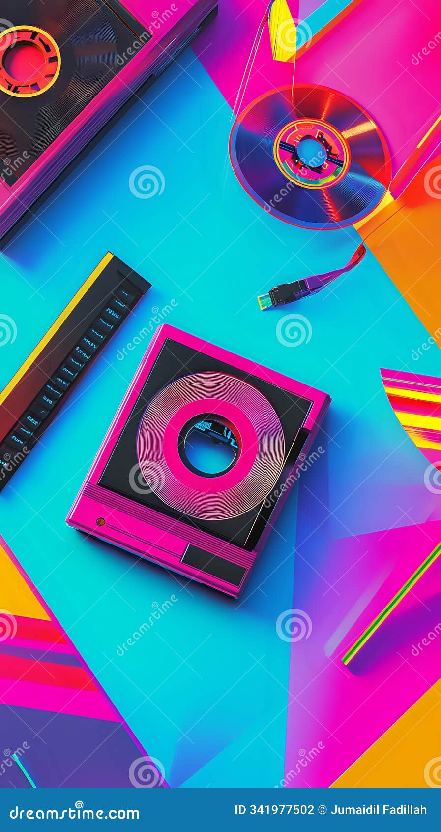 nostalgic flat lay of classic 90s tech items on colorful backdrop. vintage technology concept