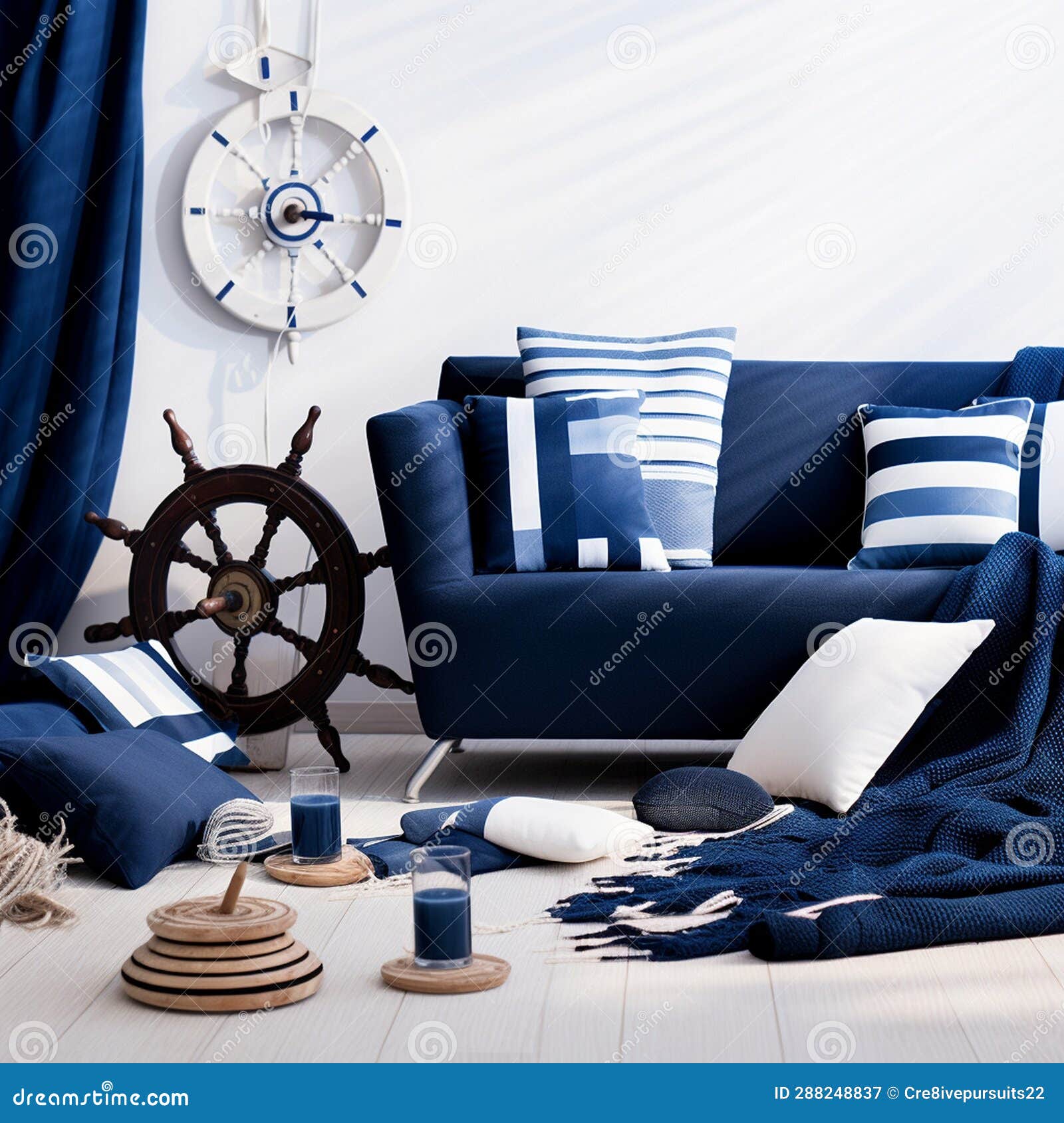 Nostalgic Nautical Mood Board Interior Design Navy Blue Stock Image - Image  of floor, table: 288248837