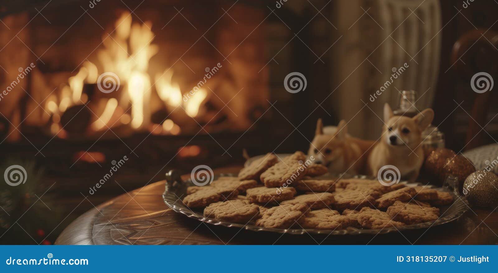 a nostalgic scene of oldfashioned corgi cookies arranged on a vintage tray against the flickering flames of a fireplace