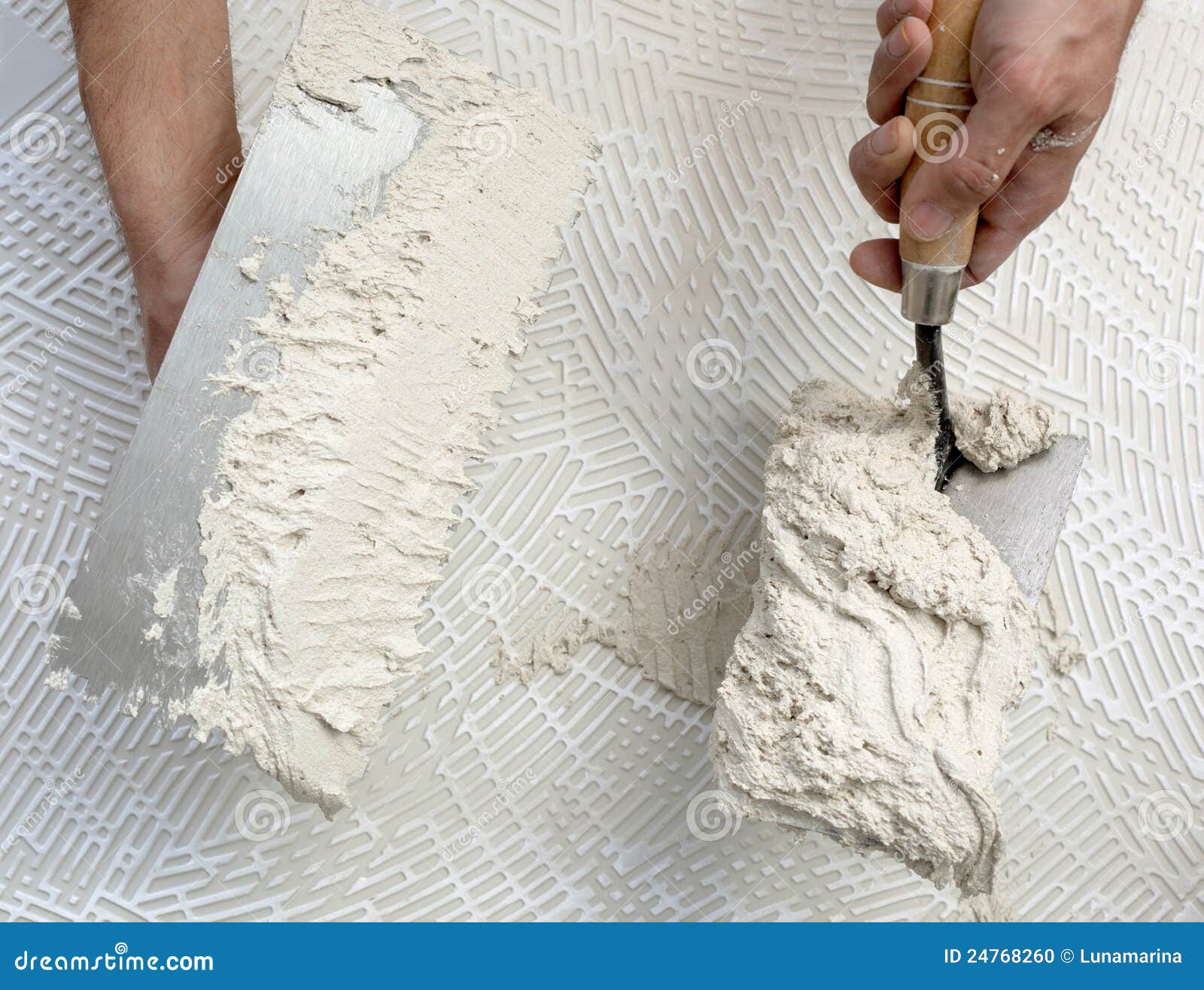 Notched Trowel and Worker Hands on Tile Stock Photo Image of