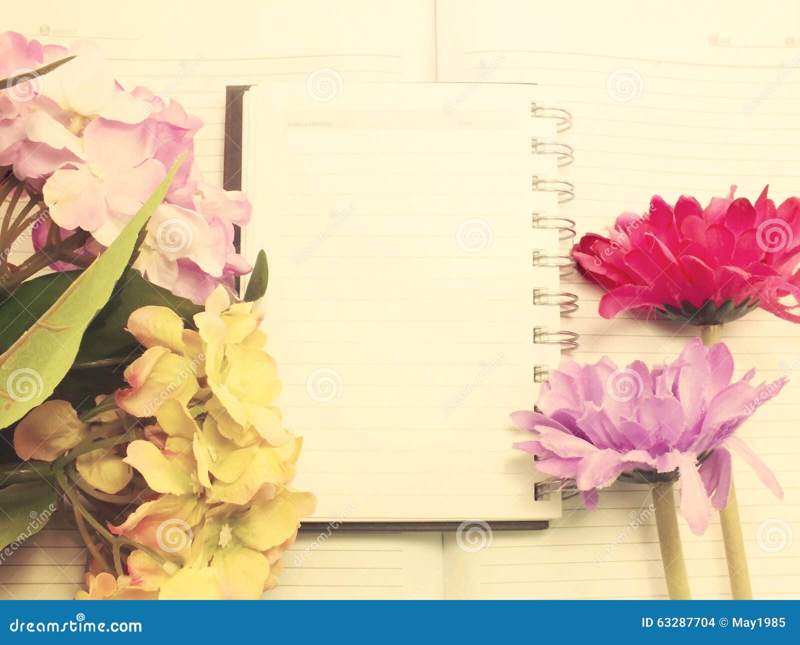 Note Book Diary and Beautiful Flower Bouquet with Vintage Filter Stock