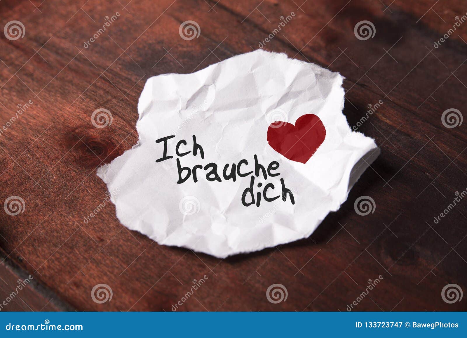 Note `Ich Brauche Dich` on Torn Slip of Paper Stock Image Image of