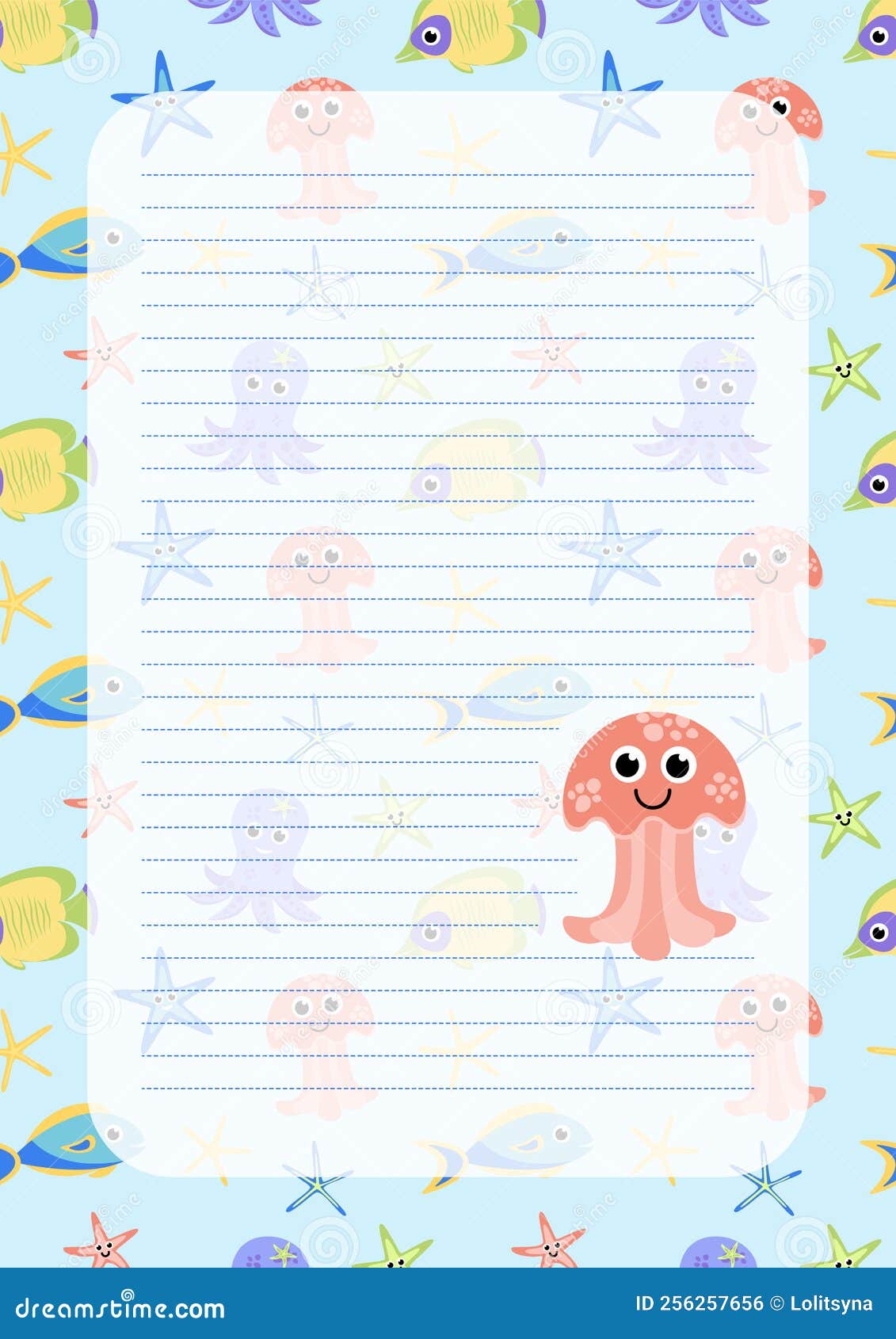 Vector printing paper note. Cute paper page for notebook, diary, letters,  school notes, workbook. Kawaii illustration of funny crab with seaweeds,  corals. White background, lined sheet Stock Vector