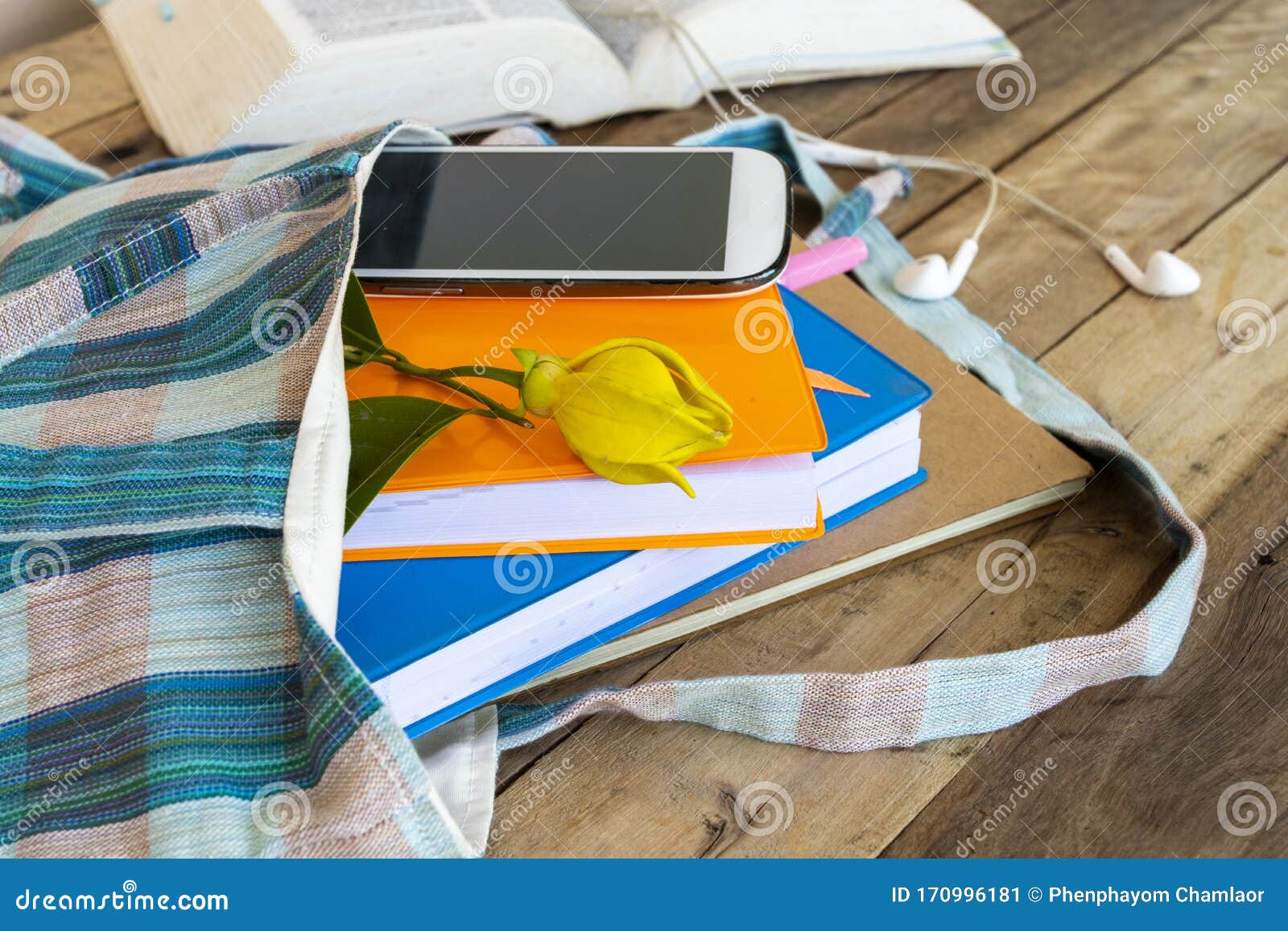 Notebook ,diary and Mobile Phone in Cloth Bag with Dictionary Book for