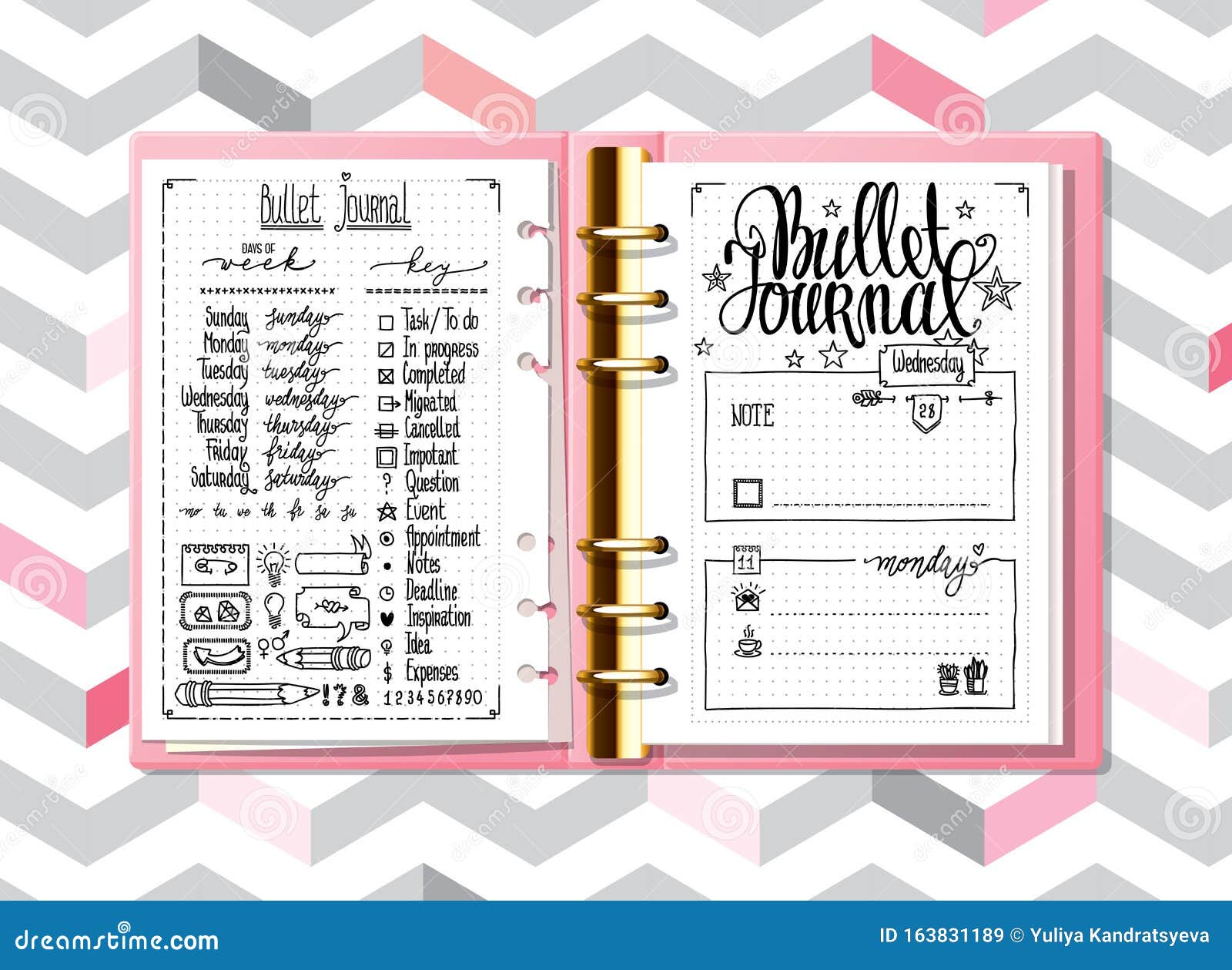 Bullet journal, doodle diary elements or page stickers and vector, agenda  bullet 