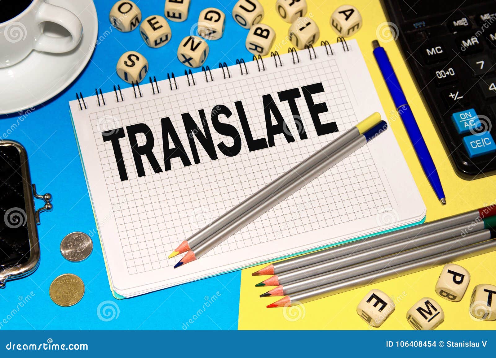 Notebook with Notes TRANSLATE with Office Tools and Dice with Letters