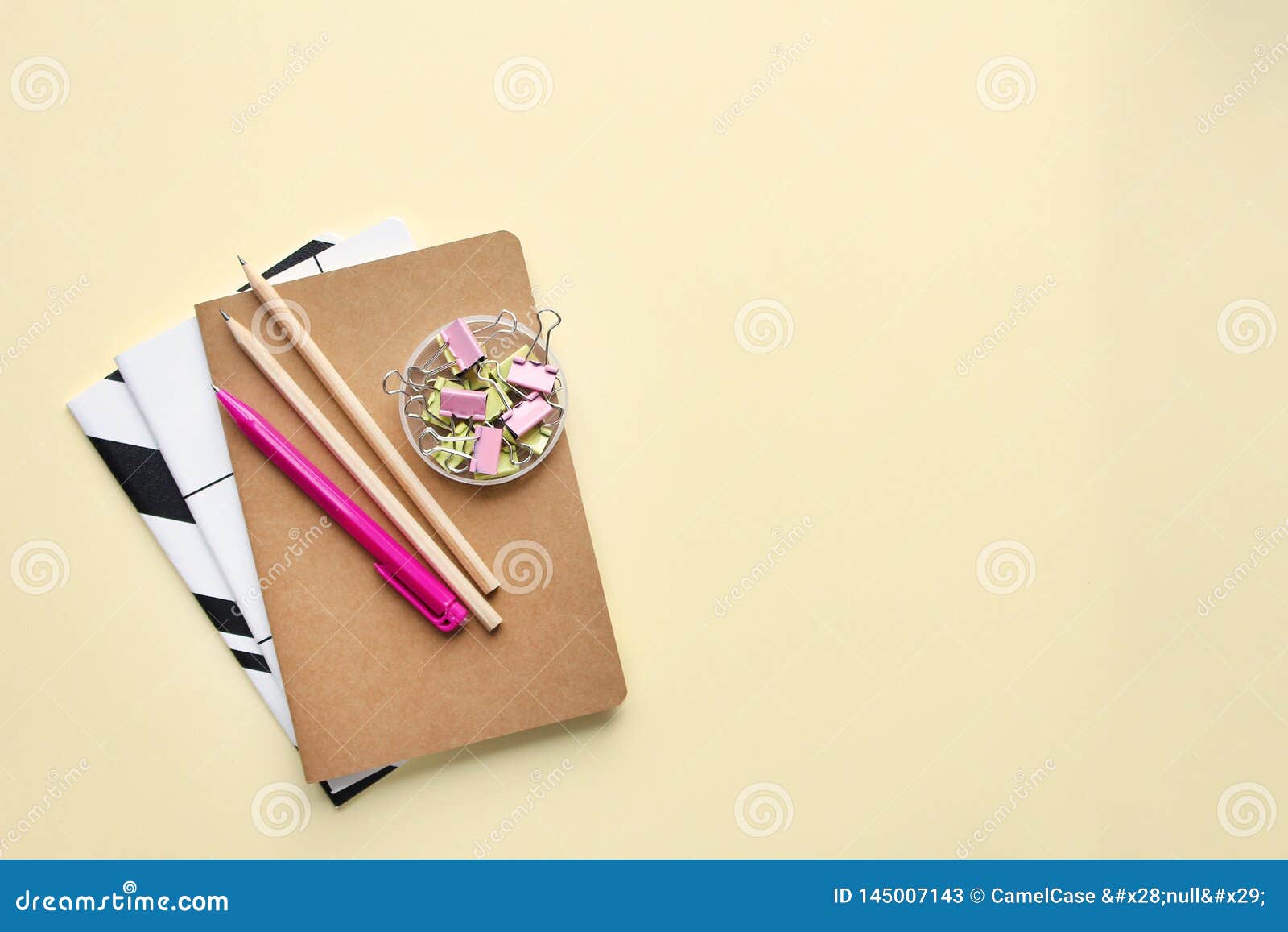Notebooks Pencils Pen Binders On Biege Background Stock Image