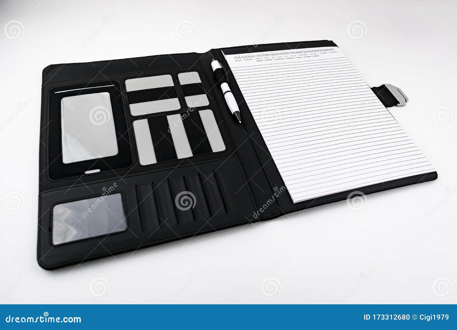 Notepad in a Black Leather Folder with Builtin Pen Stock Photo Image