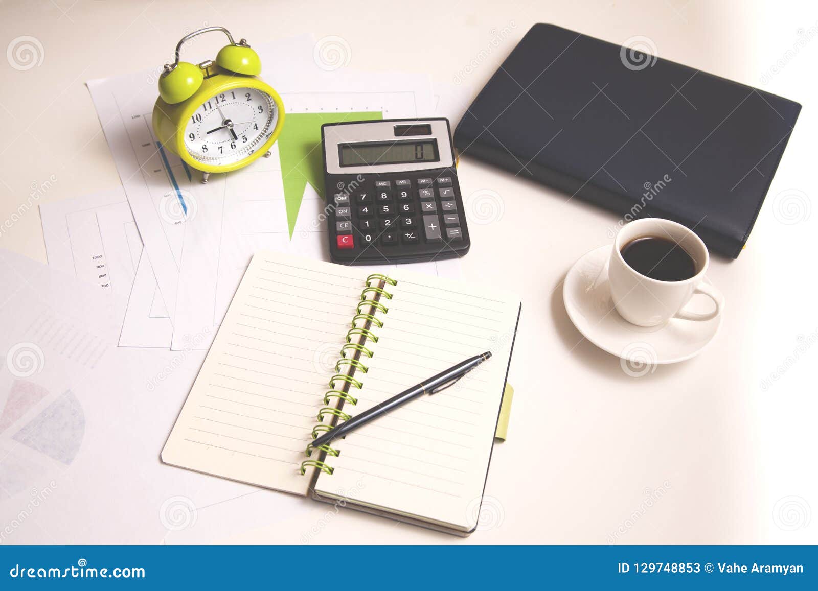 Notepad with Clock and Calculator on Office Desk Stock Image Image of