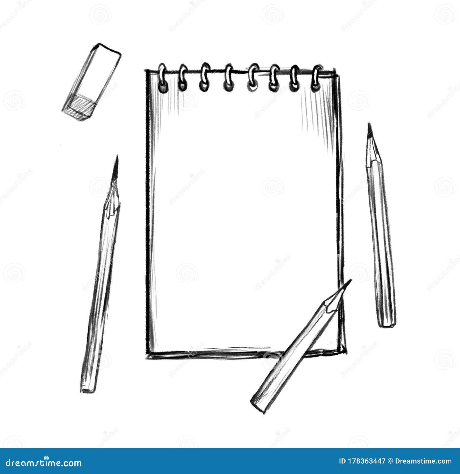 A Notepad for Drawing, Sketchbook, Pencils and an Eraser, the