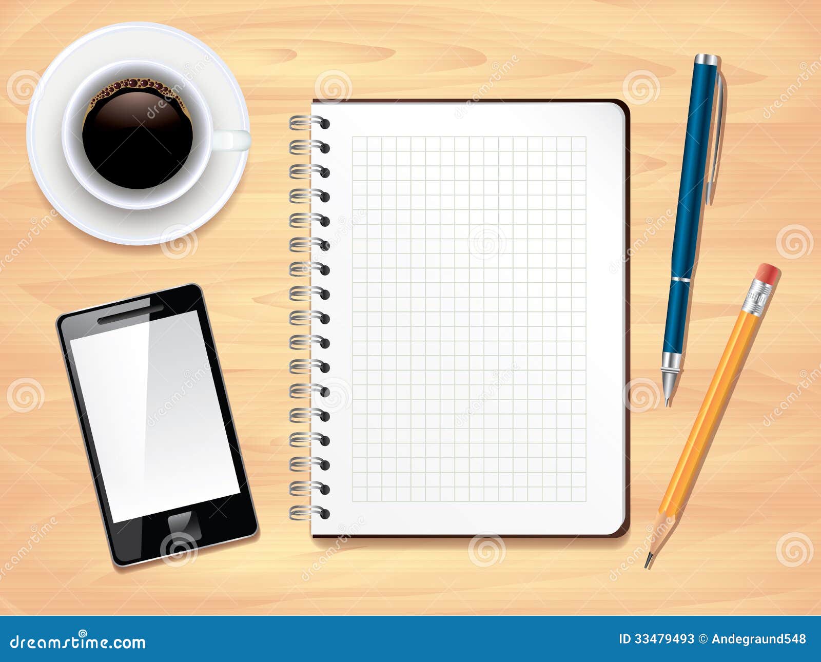 notepad office desk top view pens smartphone coffee cup background 33479493