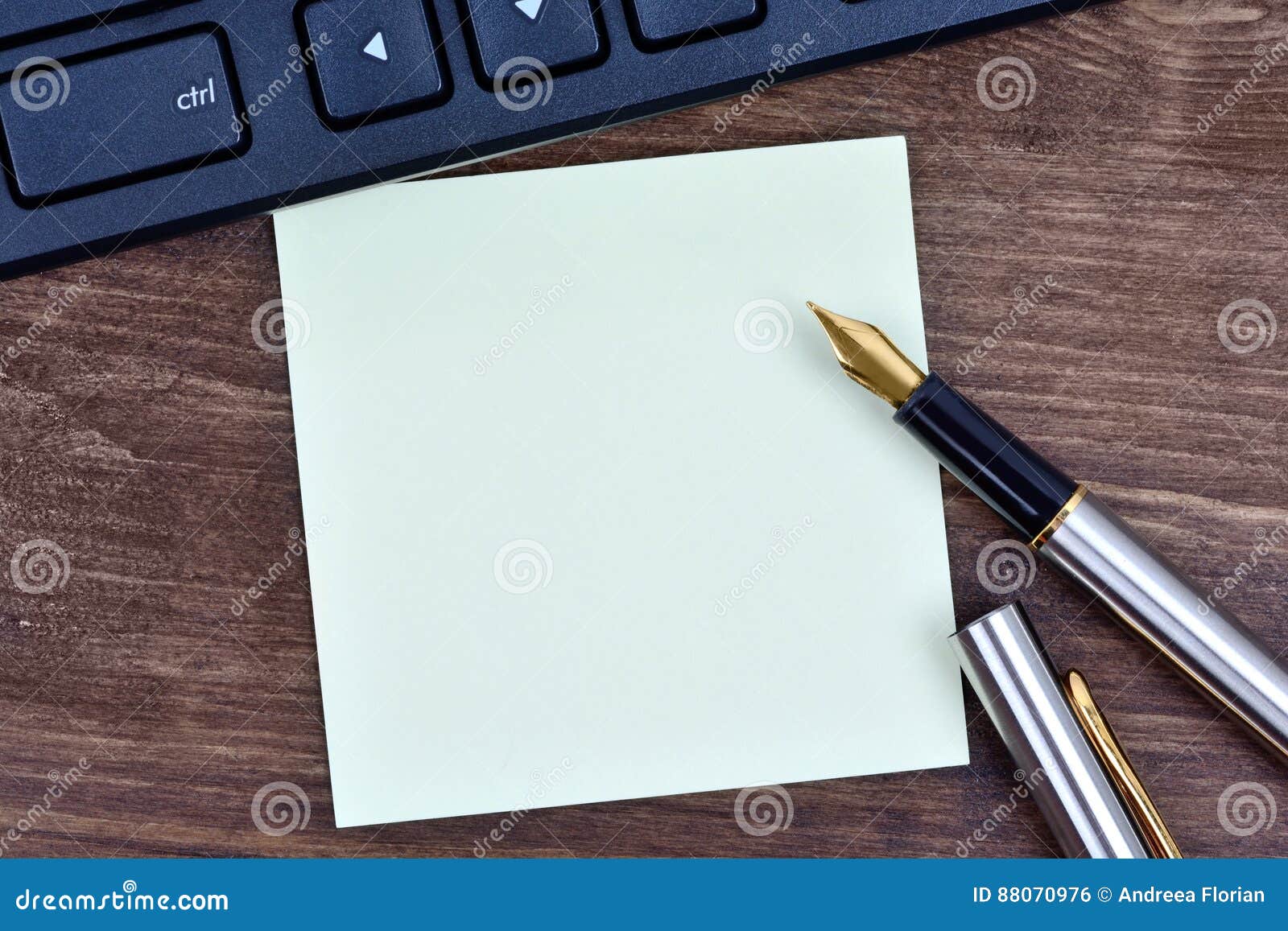 Notes with Fountain Pen and Keyboard Computer on Table Stock Photo