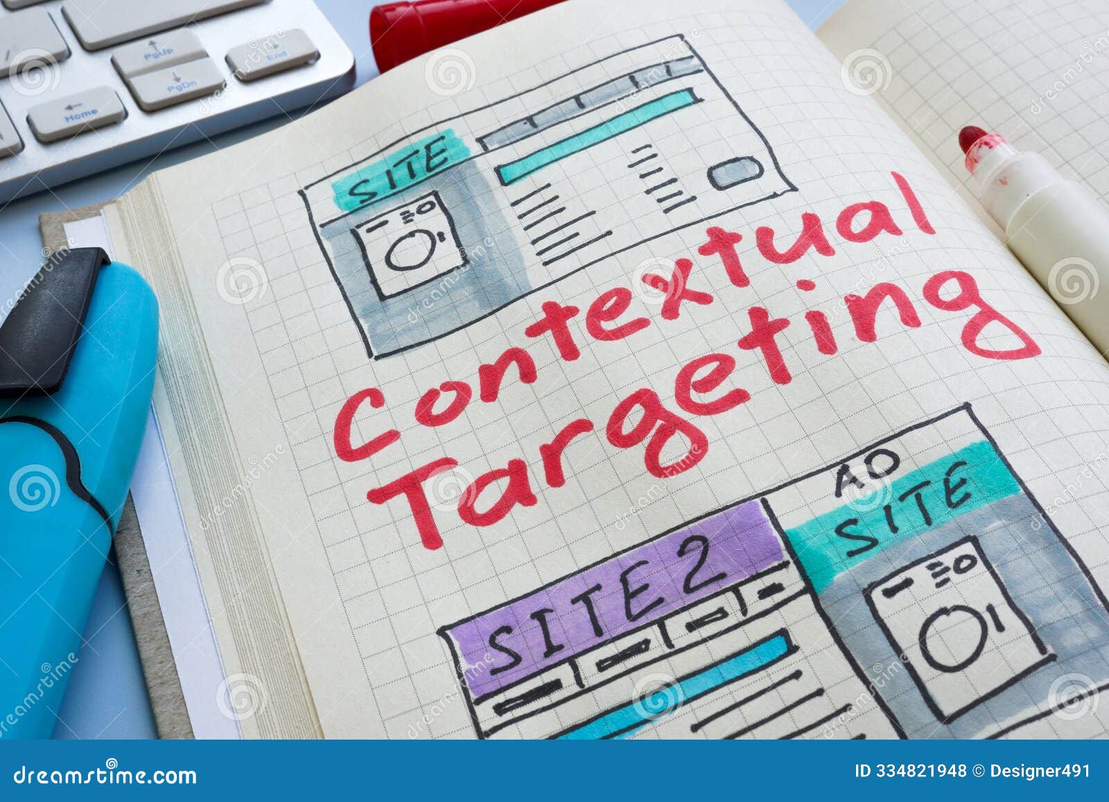 notes in a notebook about contextual targeting. marketing strategy or ad personalization.