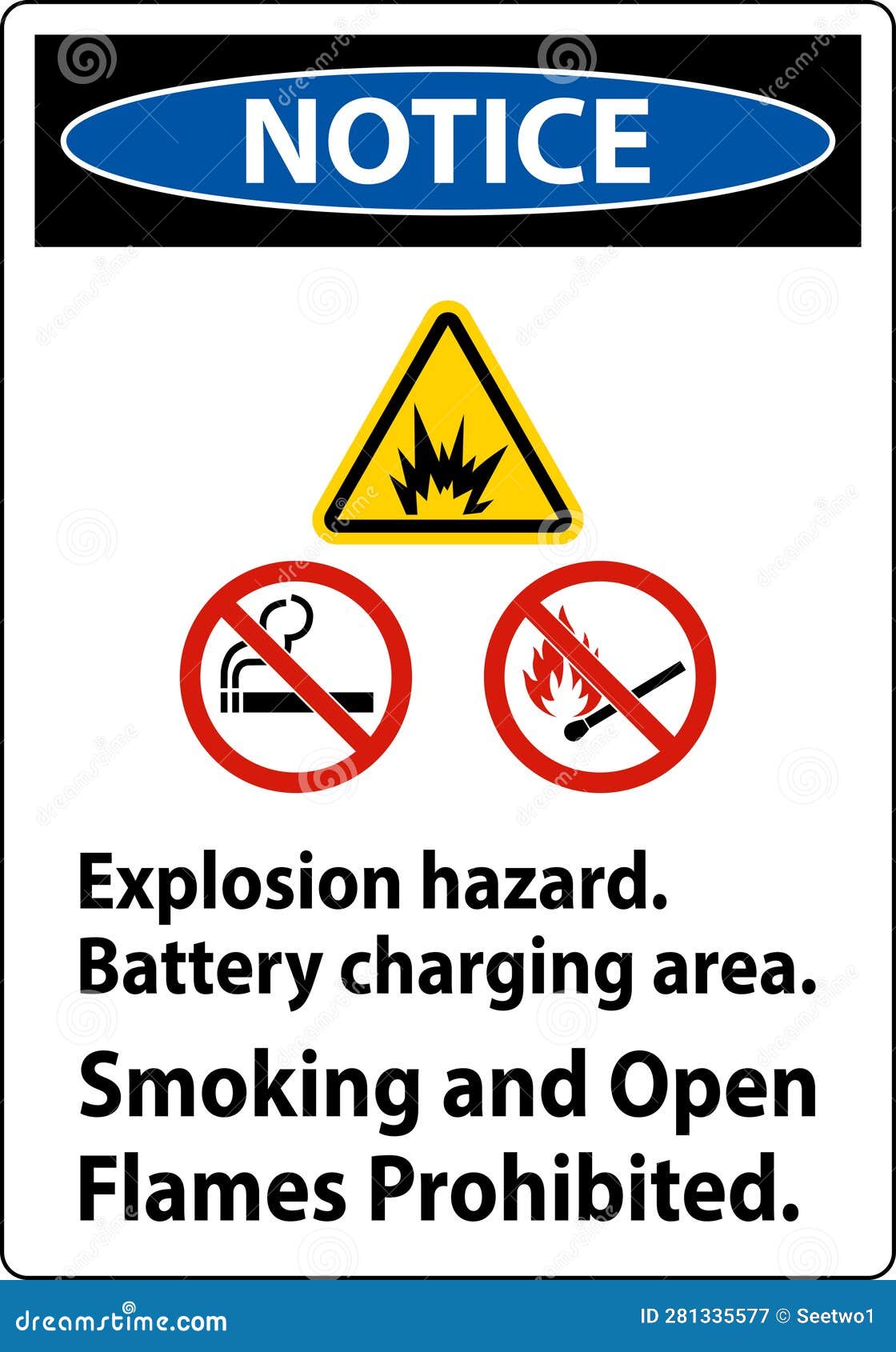 Notice Sign Explosion Hazard, Battery Charging Area, Smoking and Open