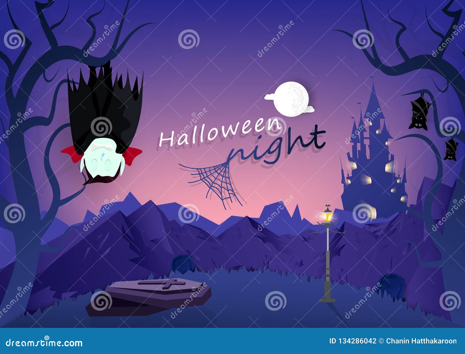 Notte Di Halloween Vampiro E Pipistrelli Addormentati Nel Cimitero Foresta Scura E Personaggio Dei Cartoni Animati Del Terreno Illustrazione Vettoriale Illustrazione Di Festa Nero