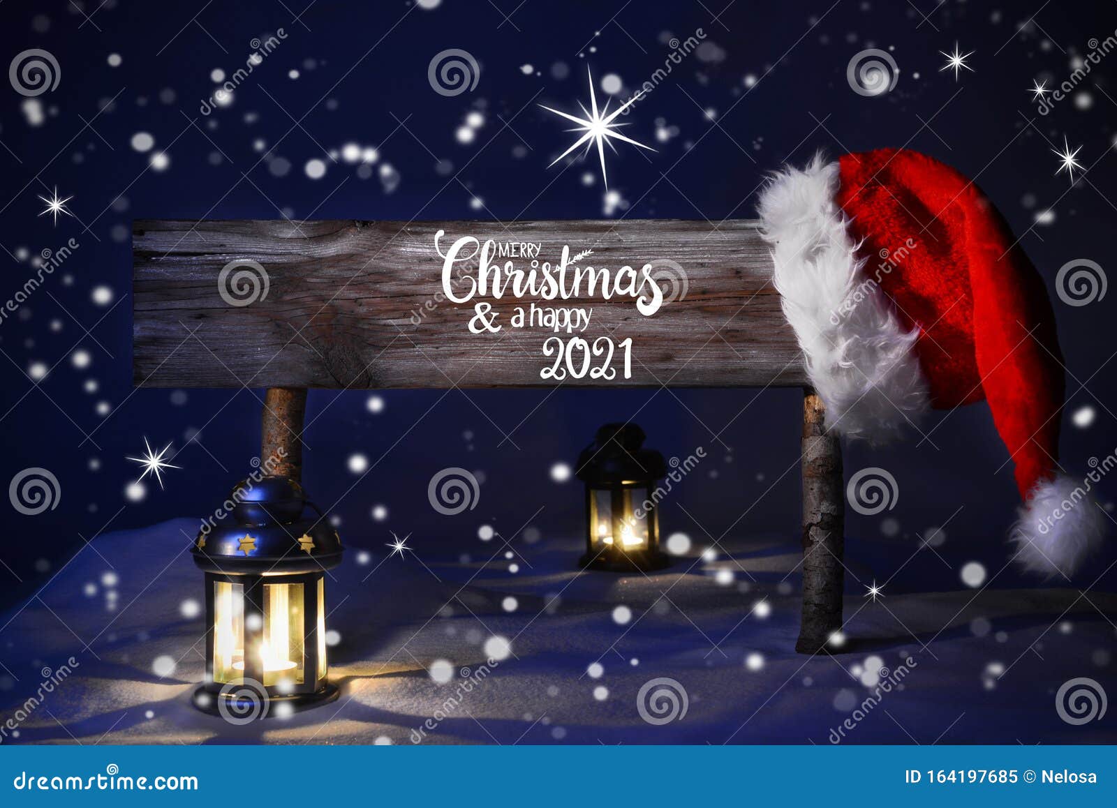 Notte Di Natale Con Neve Lampada Babbo Natale Buon Natale E Buon 2021 Immagine Stock Immagine Di Stagione Luce 164197685