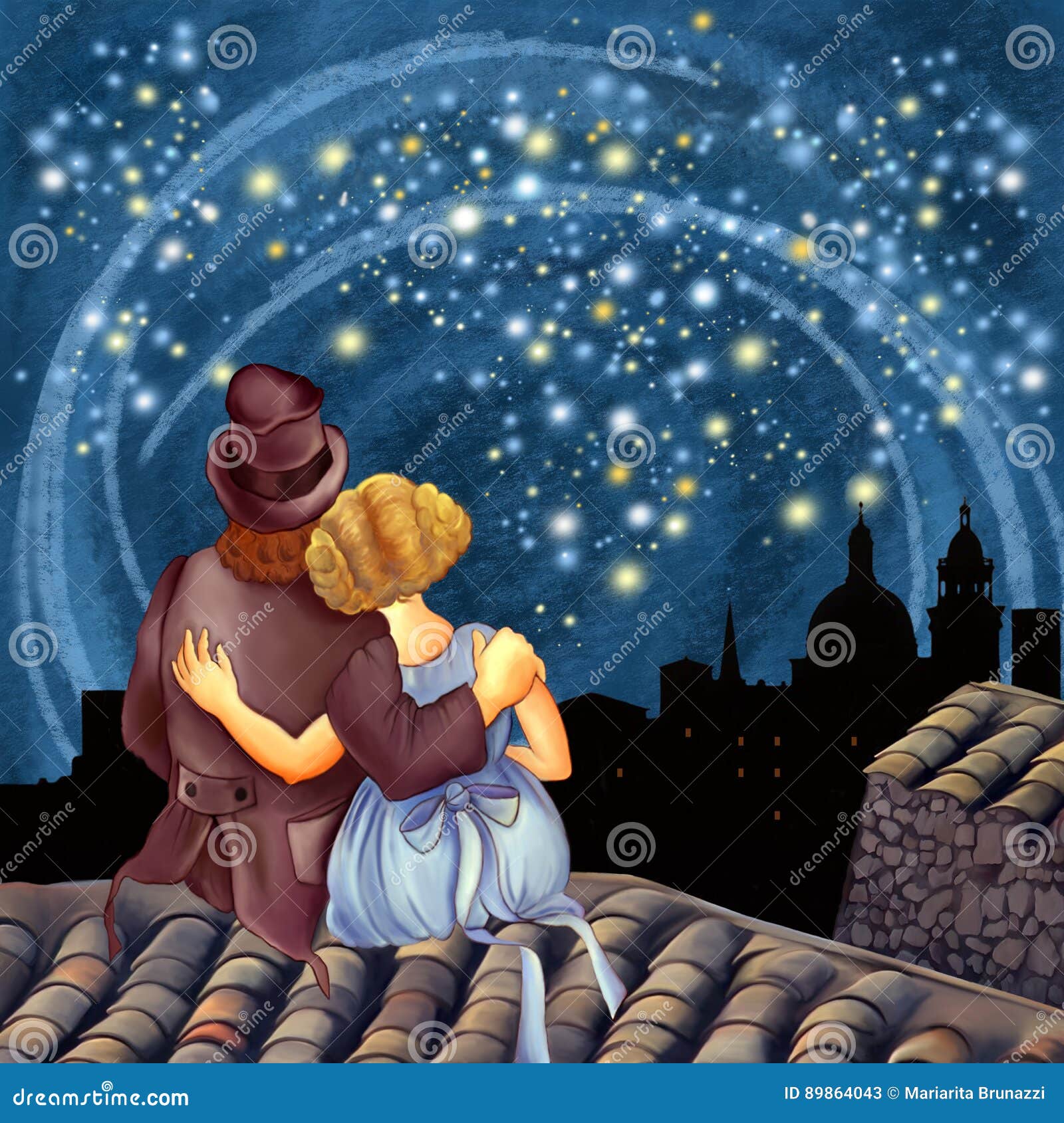 Notte stellata magica illustrazione di stock. Illustrazione di tetto -  89864043