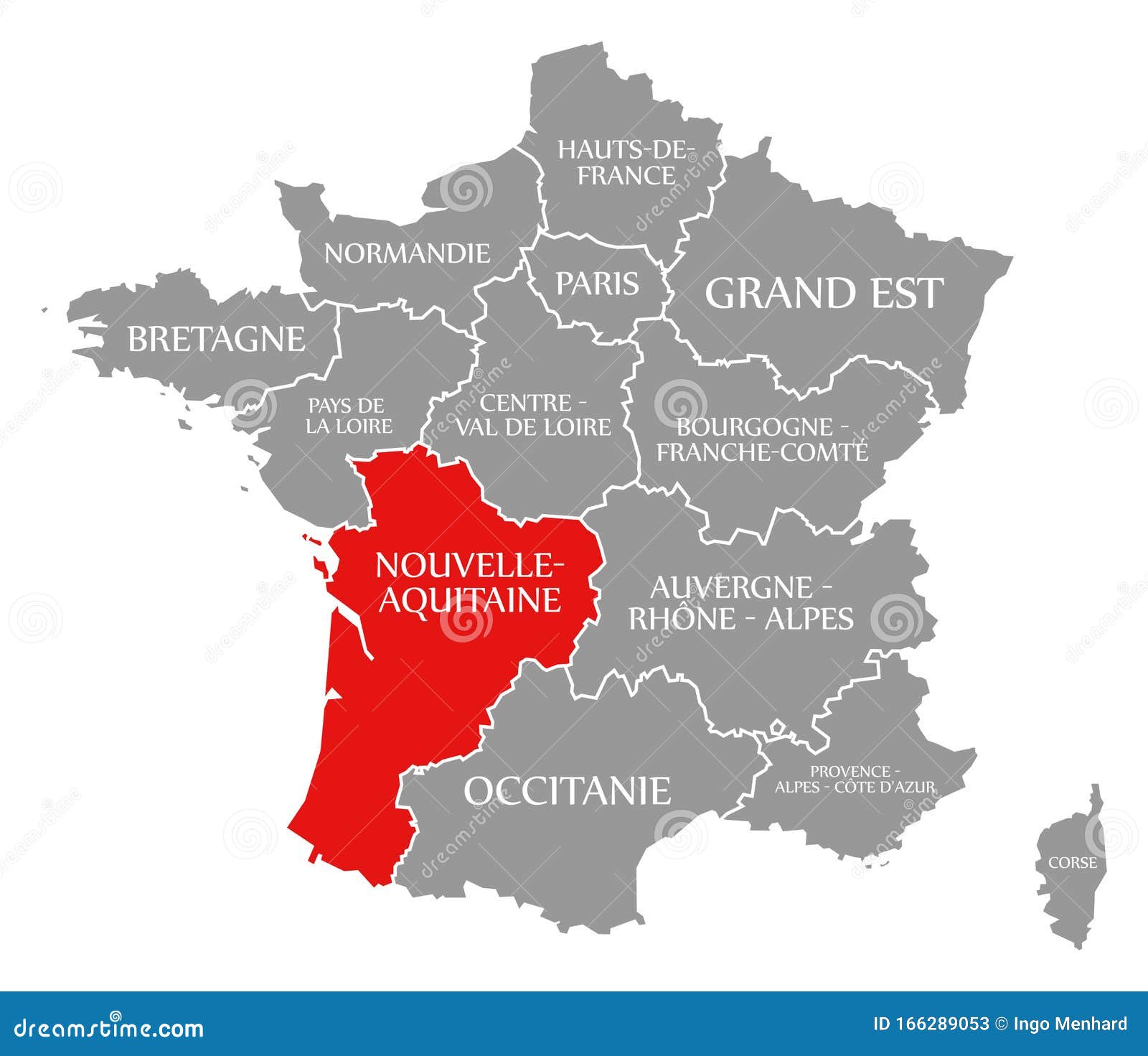 nouvelle-aquitaine red highlighted in map of france