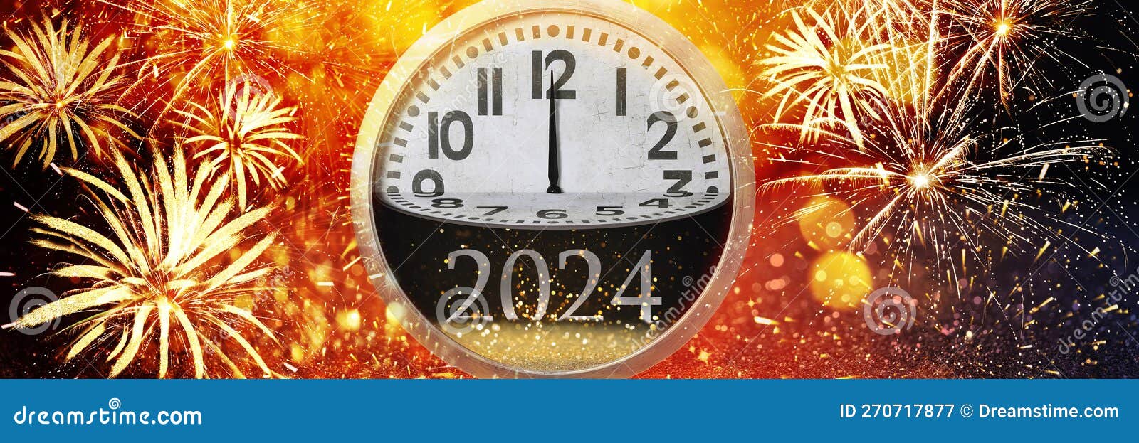 Nouvelle Carte De Voeux 2024 Année Avec Horloge Et Feux D'artifice