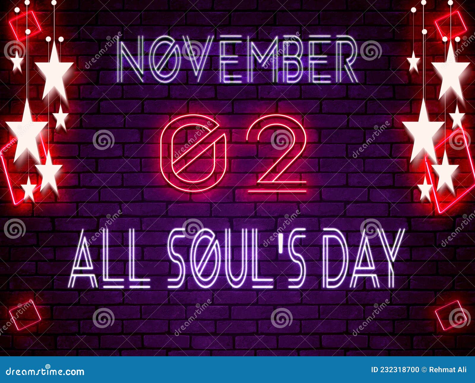02 November, All Soul S Day, Neon Text Effect on Bricks Background Stock Illustration