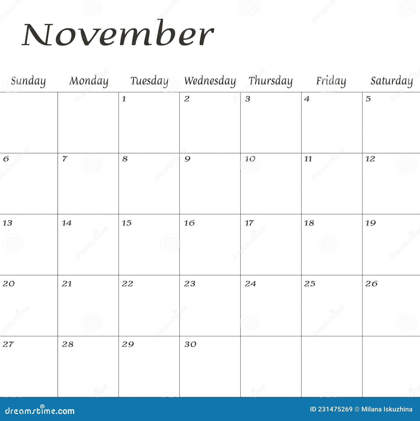 November 2022 Calendar Template November 2022. Calendar Planner Design Template. Week Starts On Sunday.  Stock Vector - Illustration Of Printable, 2022: 231475269