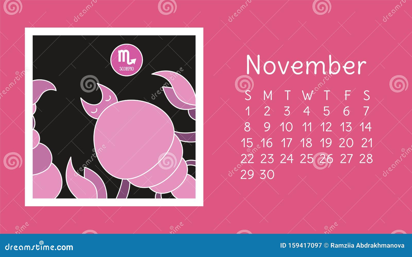 november 2020. calendar. zodiac sign: scorpio.  horoscope. astrological calender. color 