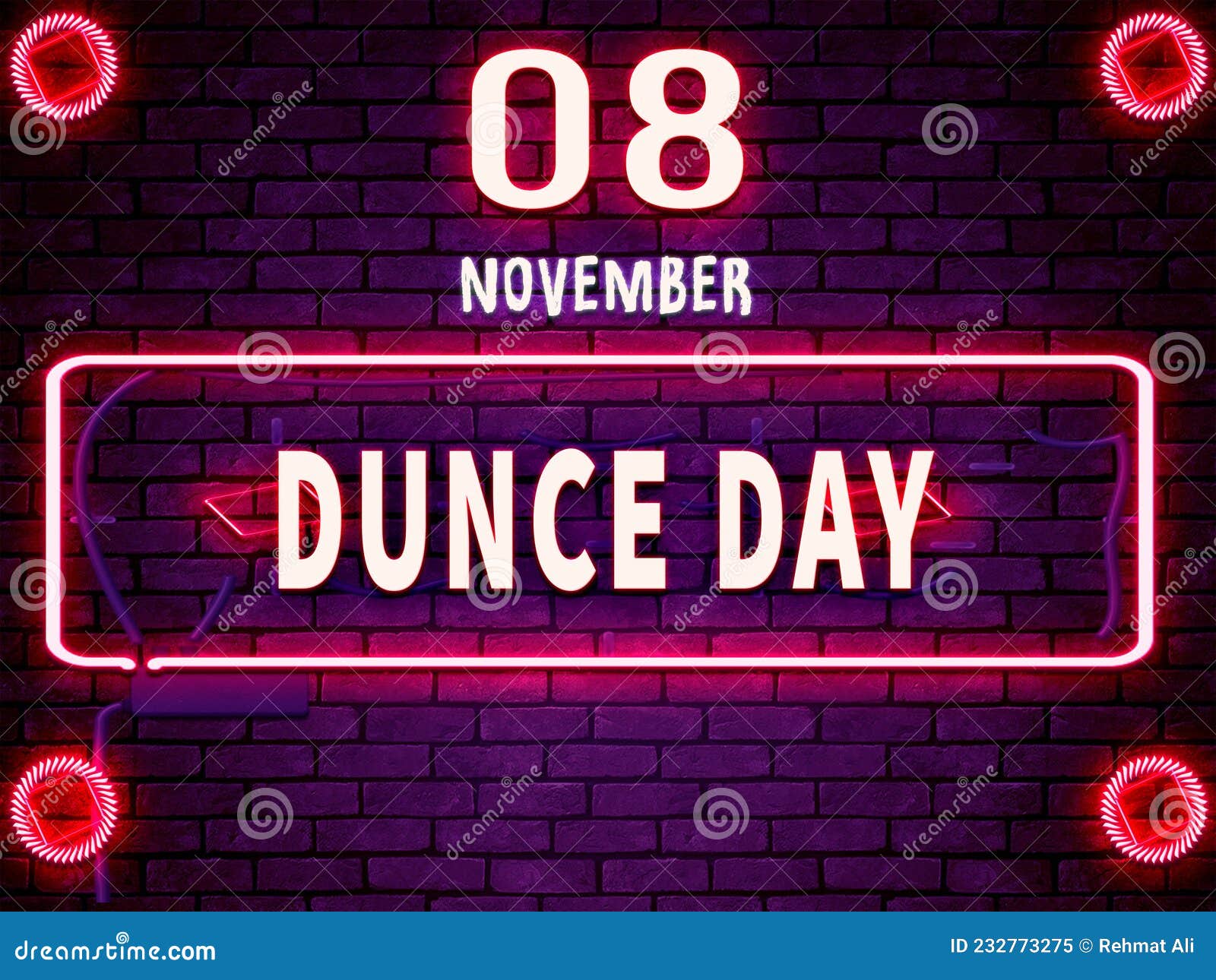 08 November, Dunce Day, Neon Text Effect on Bricks Background Stock