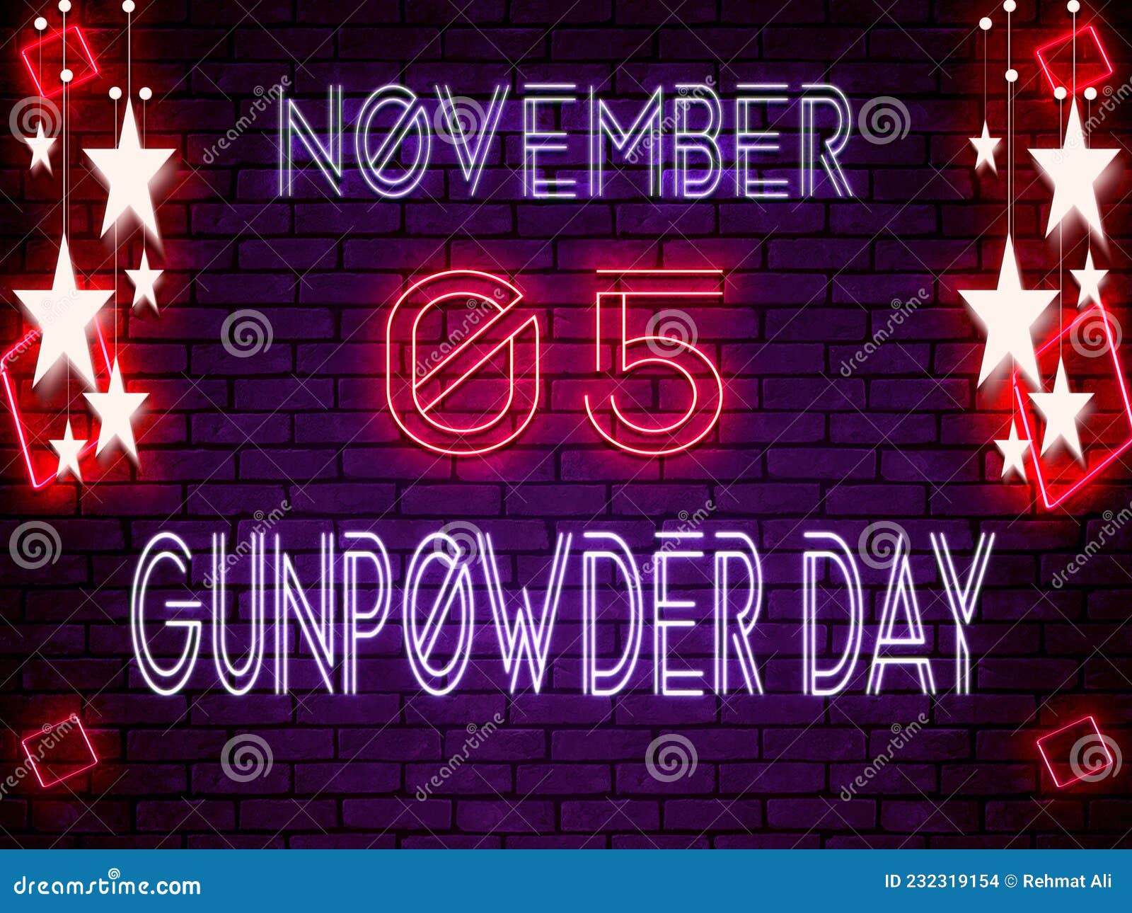 05 November, Gunpowder Day, Neon Text Effect on Bricks Background Stock