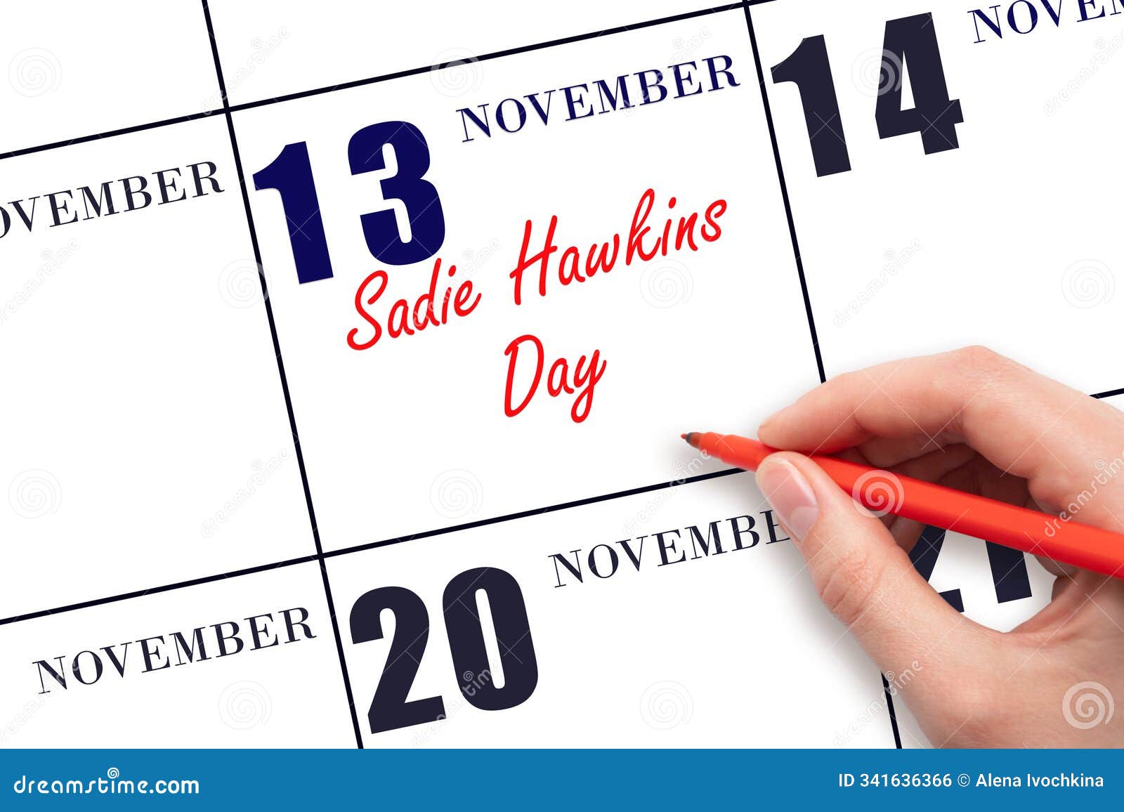 november 13. hand writing text sadie hawkins day on calendar date. save the date.