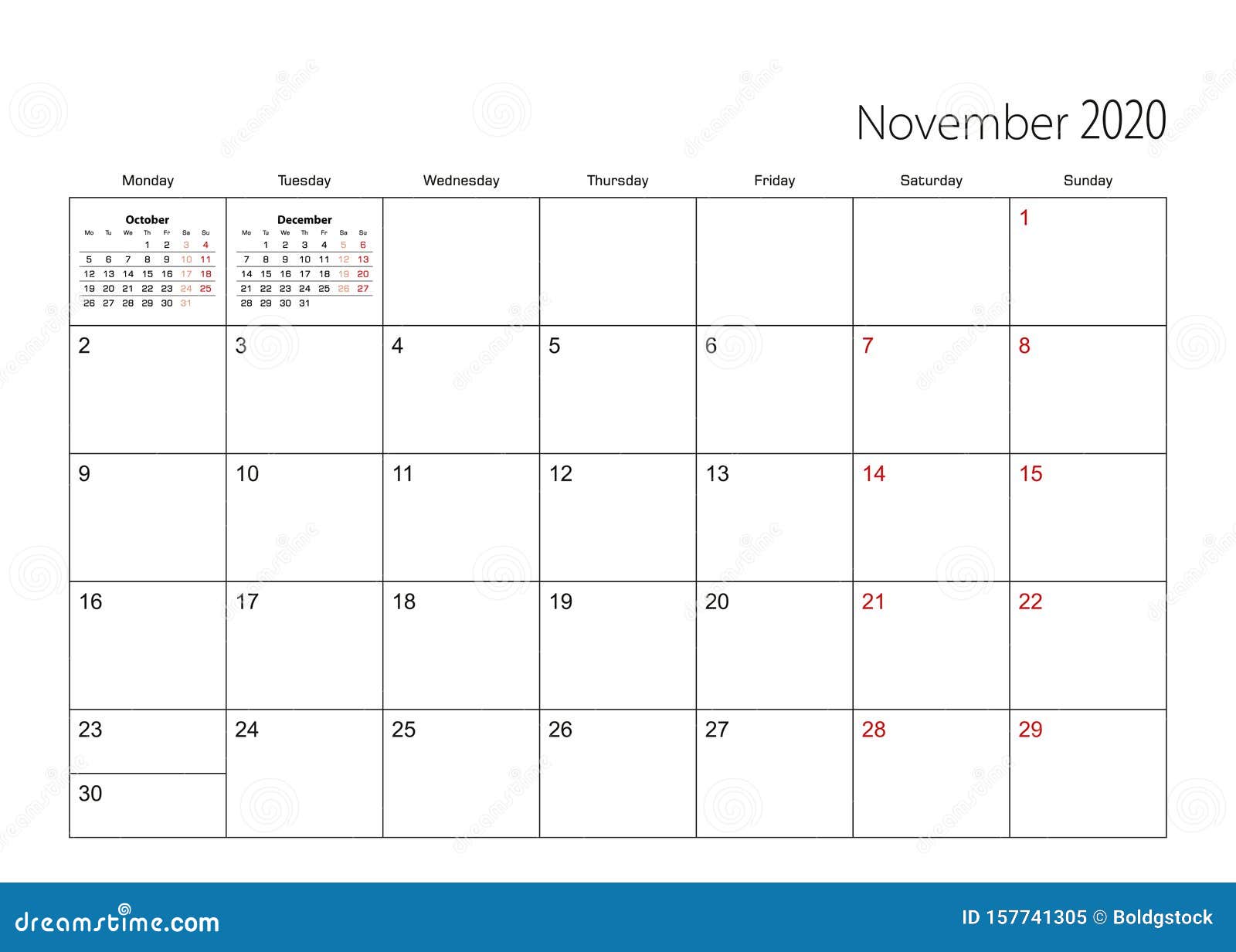 November 2020 Simple Calendar Planner Week Starts From Monday Stock Vector Illustration Of Office Time 157741305