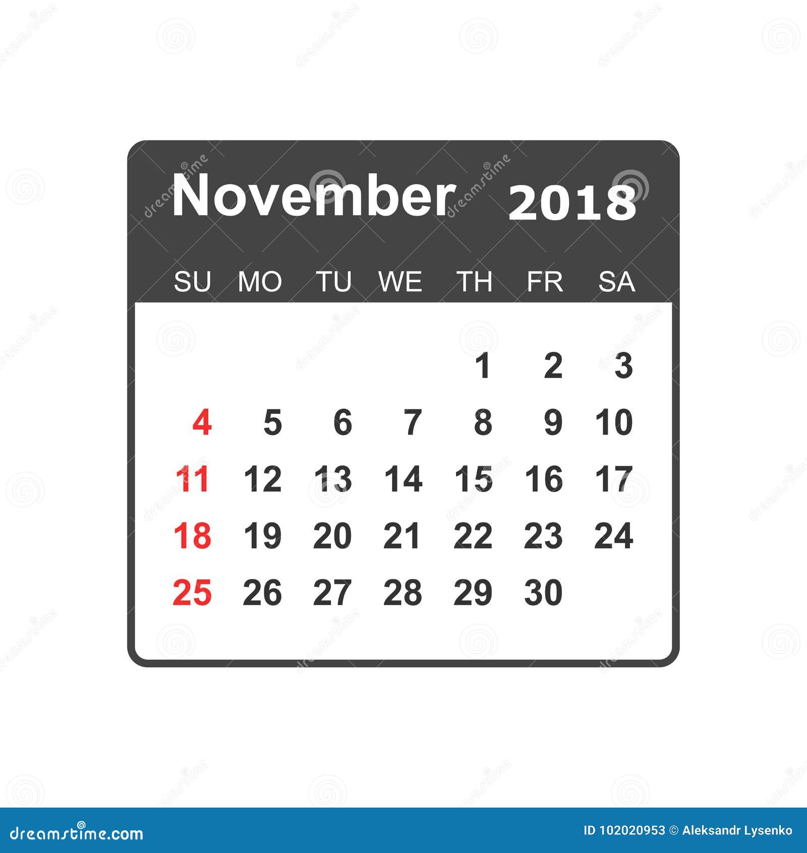 Novembre 2018 Calendrier Calibre De Conception De Planificateur De Calendrier  Semaine S Illustration de Vecteur - Illustration du page, carte: 102020953
