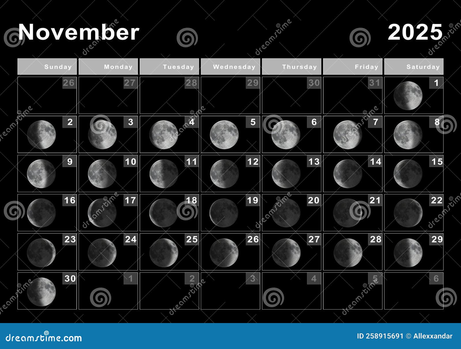 Novembre 2025 Lunaire Calendrier Lunaire Cycles Lune Illustration Stock