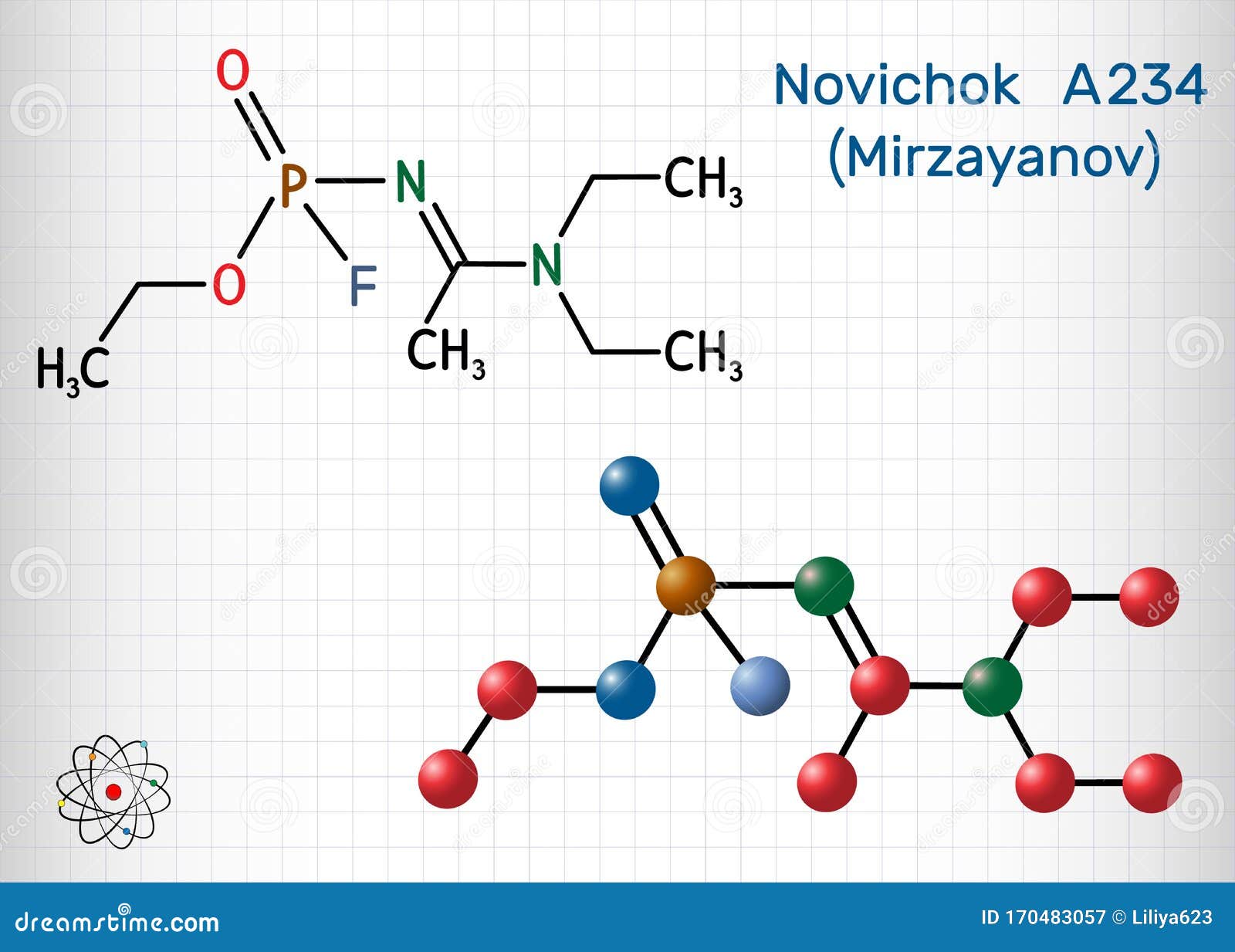 novichok a-234 , organophosphate  nerve agent, according to mirzayanov, c8h18fn2o2p  molecule. structural chemical formula and