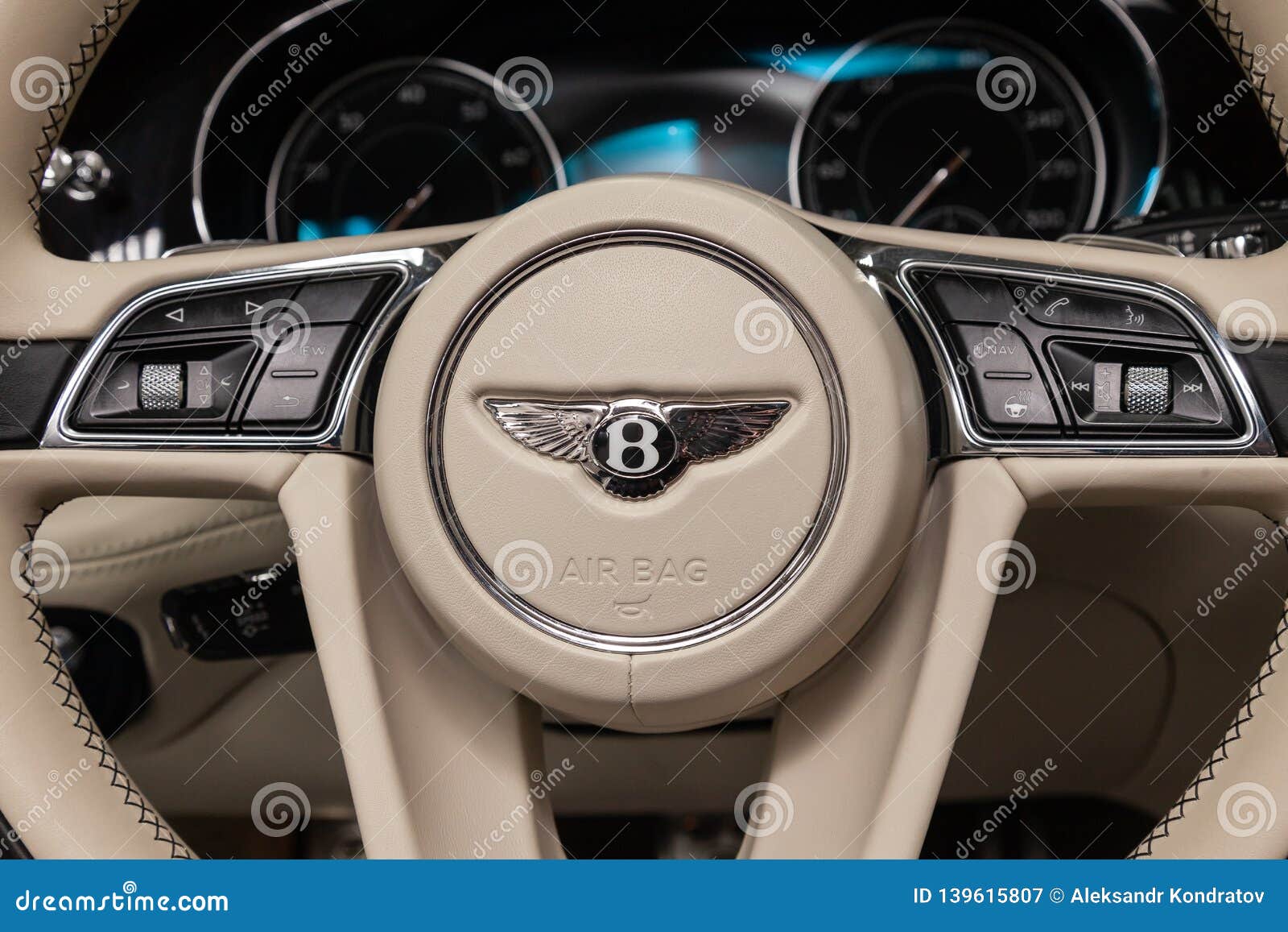 Interior View With Emblem On Steering Wheel Of Luxury Very