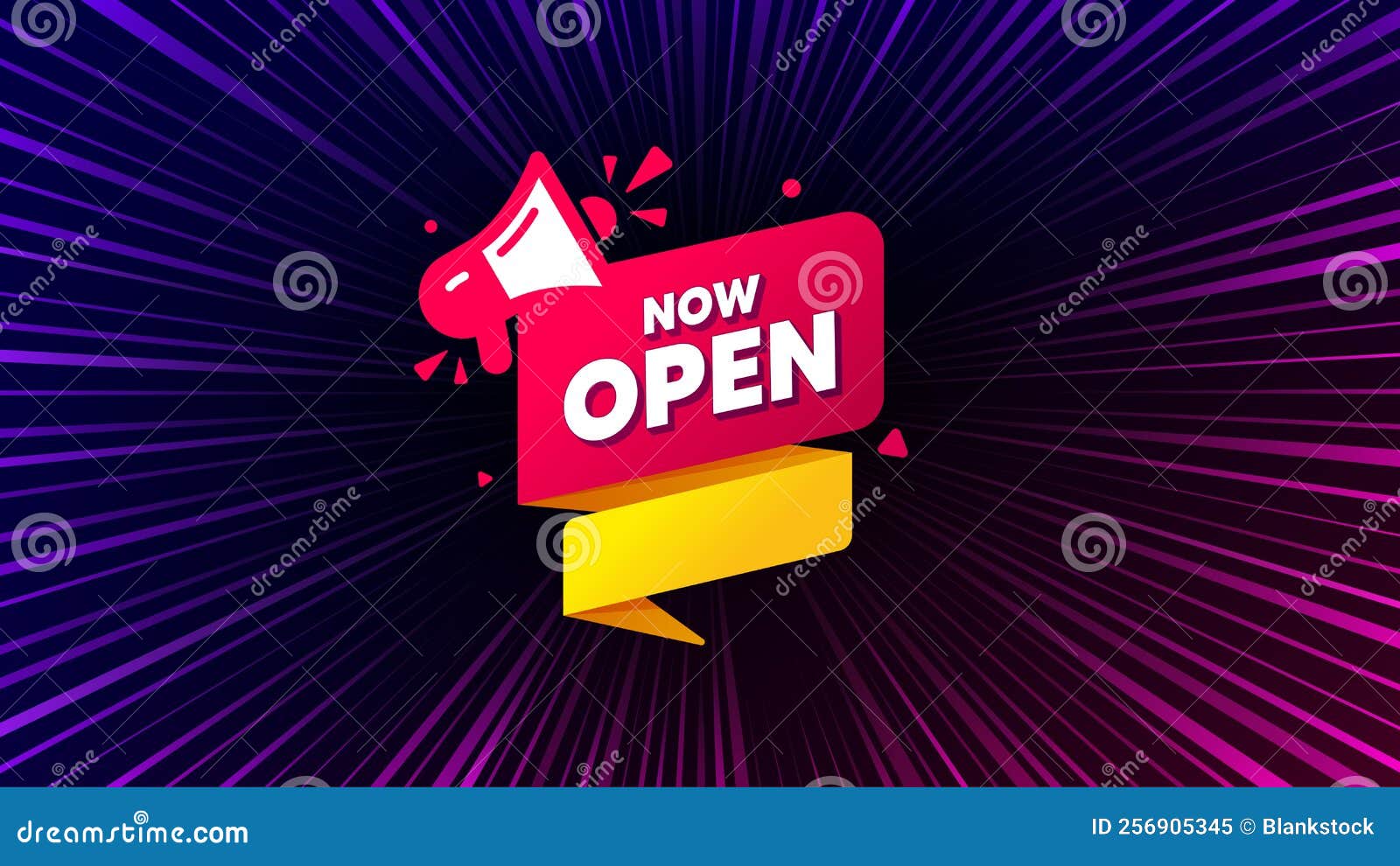 Now Open Banner. Announcement Notice Tag. Sunburst Ray Beam Banner