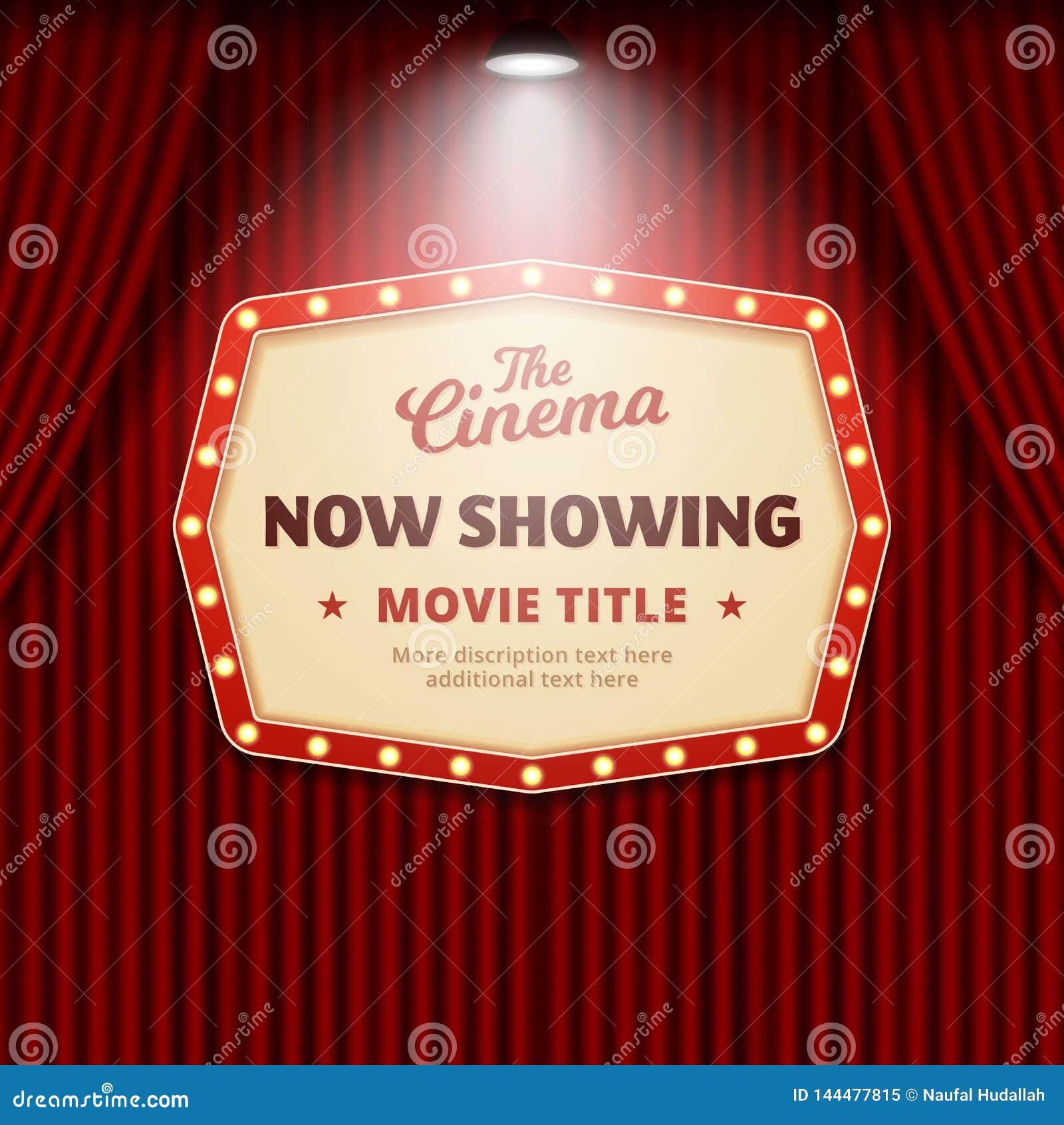 now showing movie in cinema poster . retro theater sign with spotlight and red curtain background  