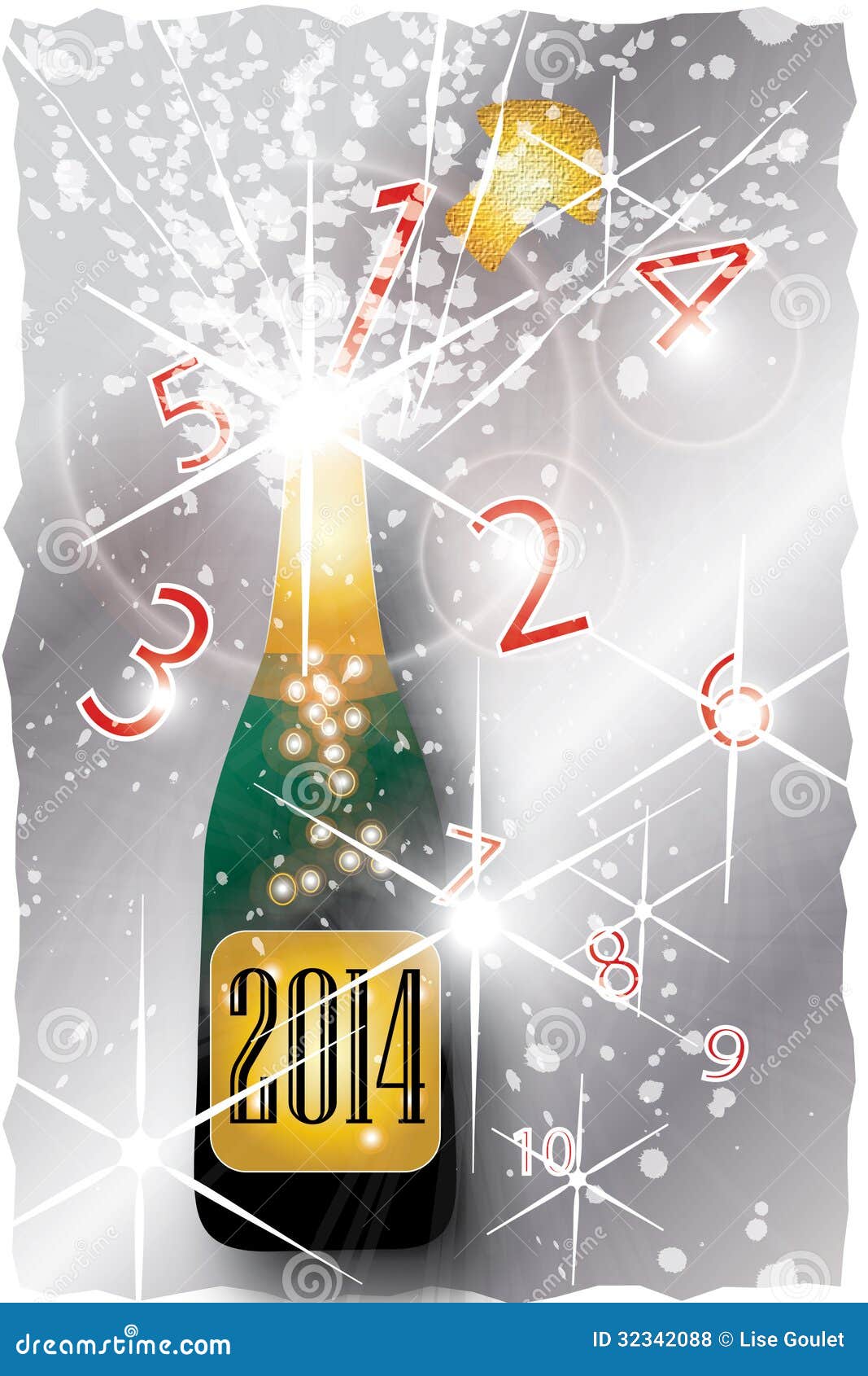 Nowego Roku odliczanie. Butelka przylepiająca etykietkę 2014 szampan. Strzela up z odliczanie od 10 1 w czerwieni i udziały błyskają.