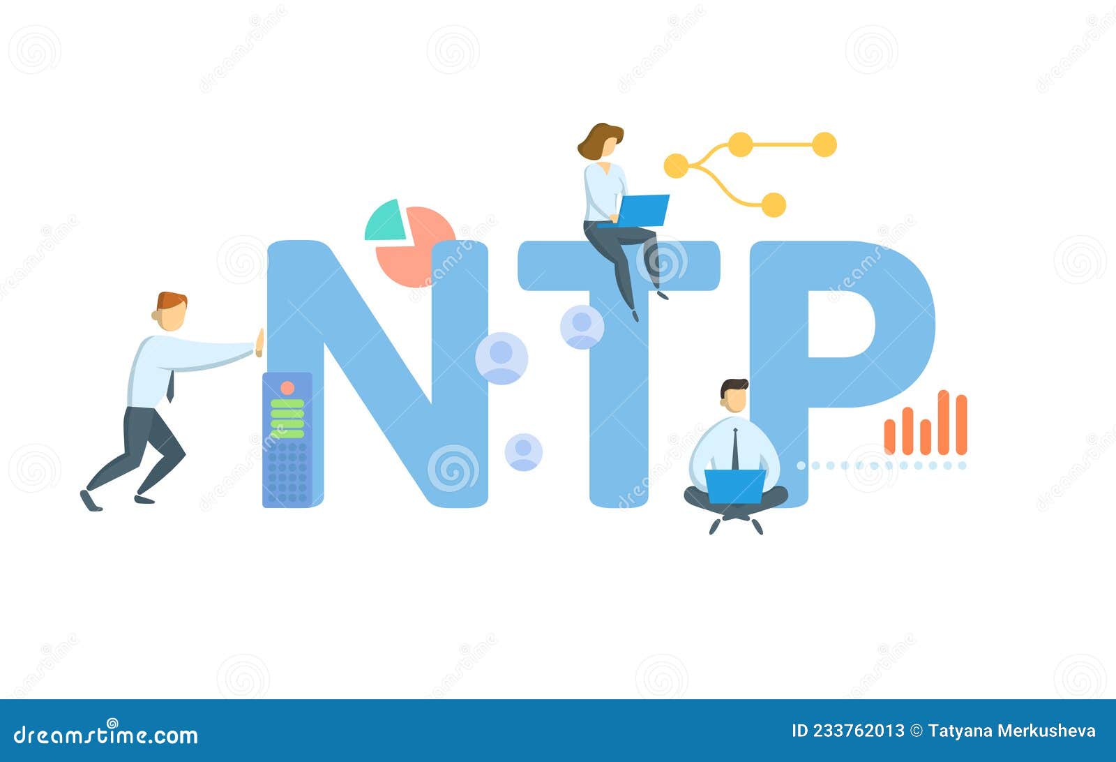 ntp, network time protocol. concept with keyword, people and icons. flat  .  on white.