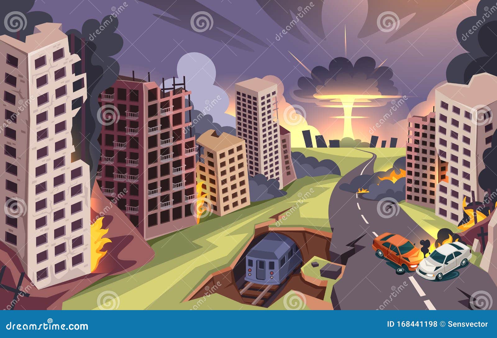 pics Cartoon Destroyed City Drawing https www dreamstime com nuclear bomb explosion war ruined burning city destroyed buildings cars vector cartoon background damaged street image168441198